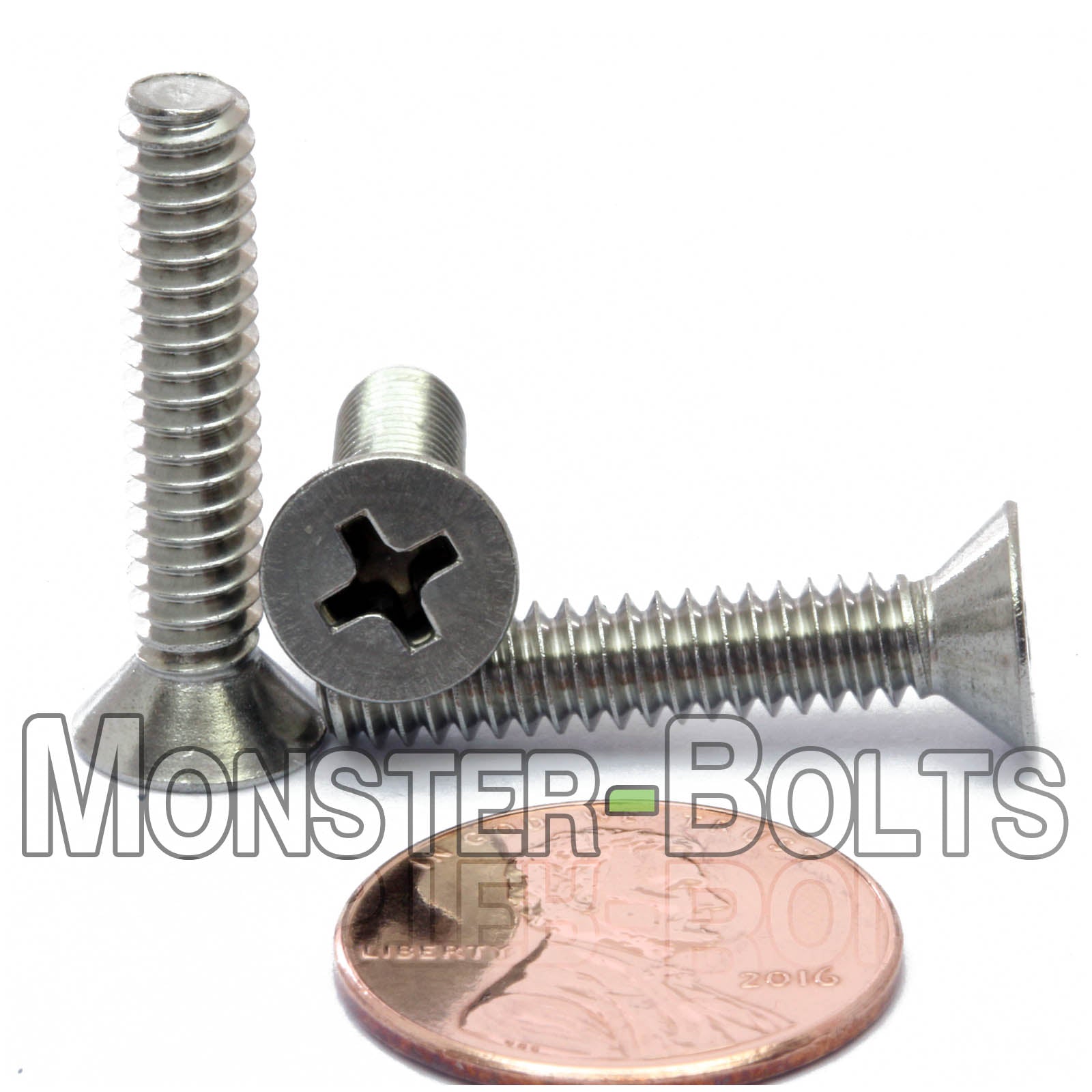 #10-24 x 1" Stainless Phillips Flat Head machine screws shown with US penny for scale