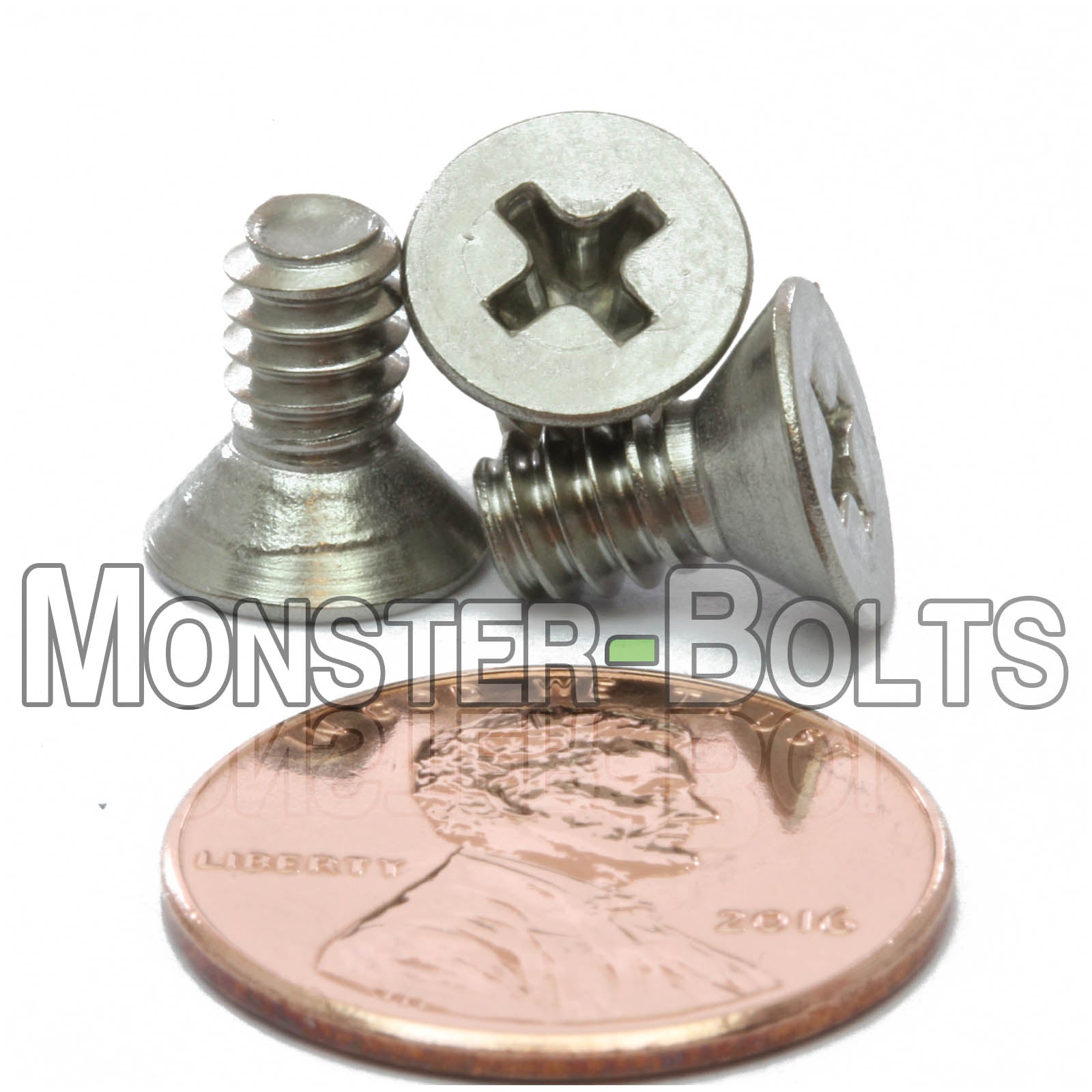 #10-24 x 3/8 in. stainless Steel Phillips Flat Head screws on white background with US penny for scale