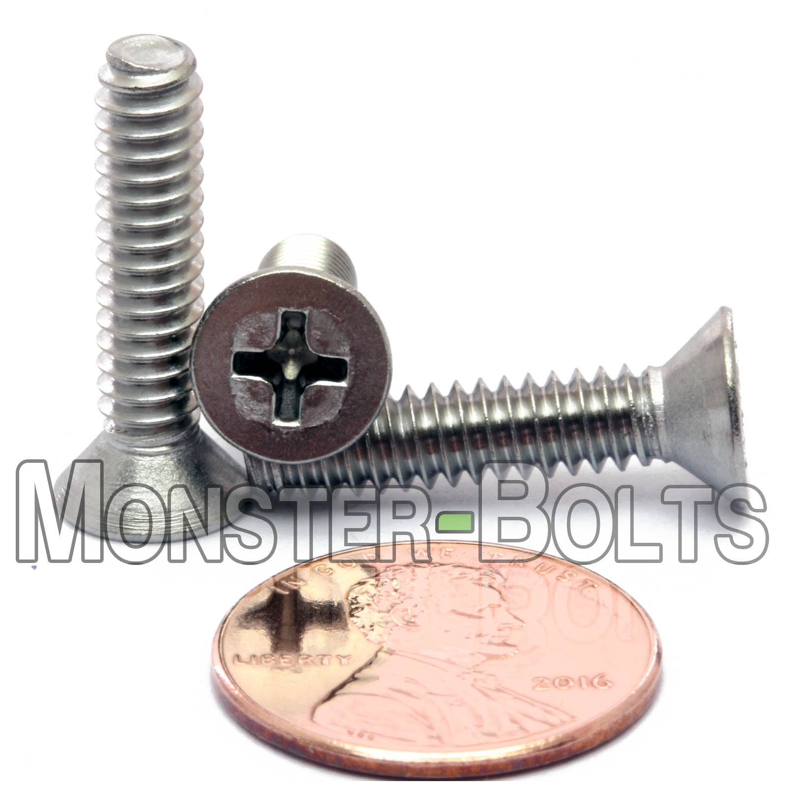 #10-24 x 7/8 in. stainless Steel Phillips Flat Head screws shown with US penny for scale