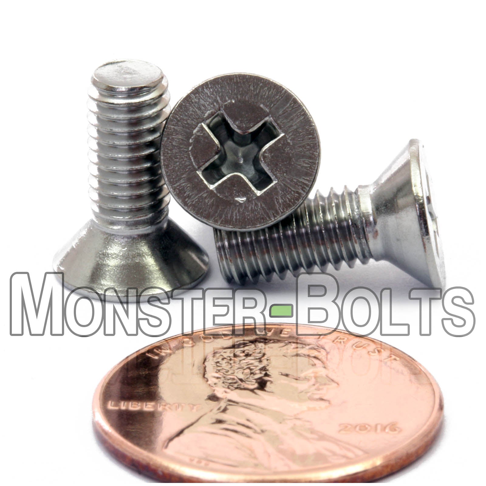 #10-32 x 1/2 in. stainless Steel Phillips Flat Head screws shown with US penny for scale