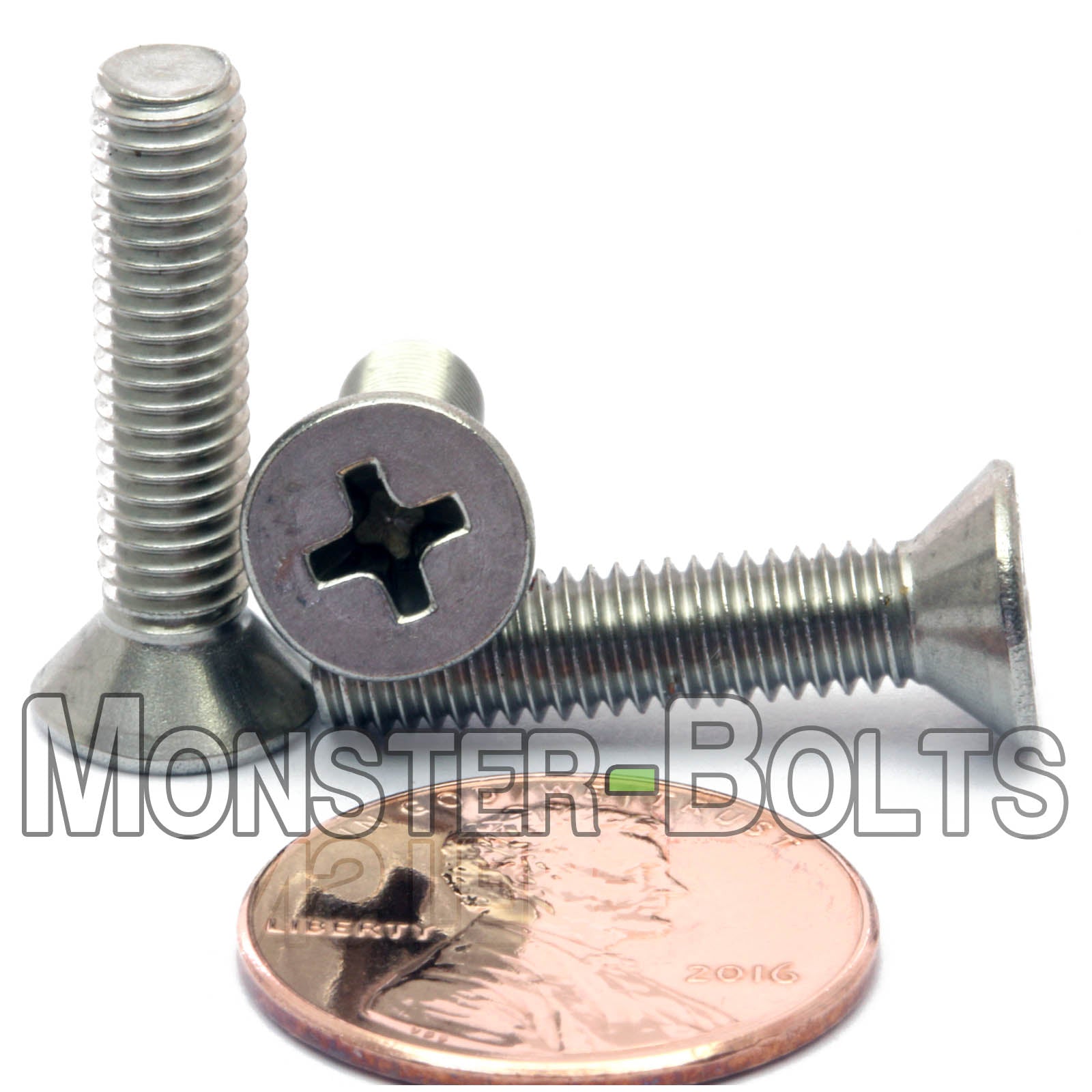 #10-32 x 7/8" Stainless Phillips Flat Head machine screws shown with US penny for scale