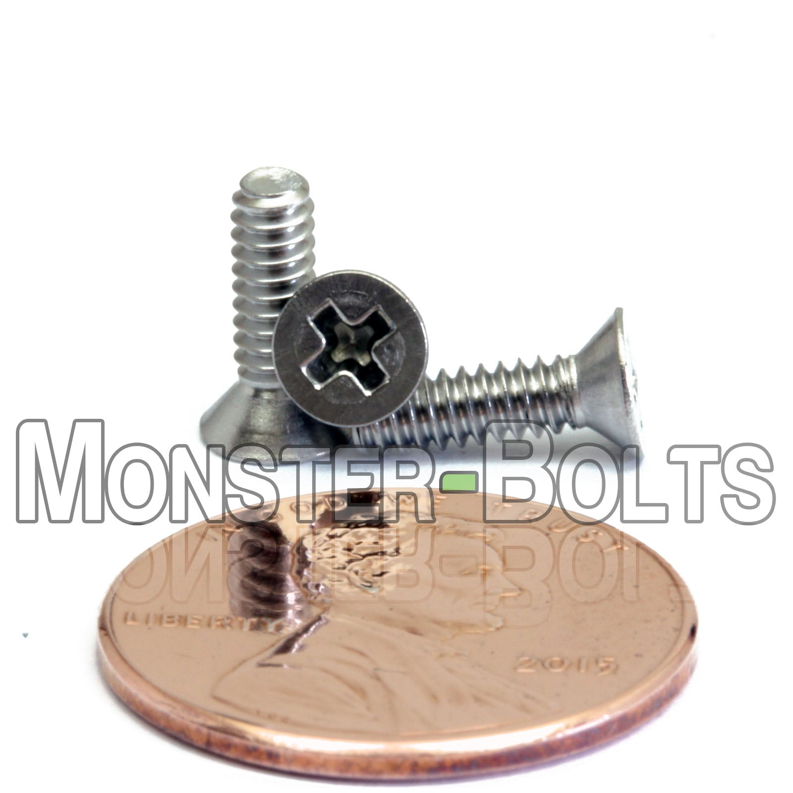 #4-40 x 3/8" Stainless Steel Phillips Flat Head screws with US penny for scale