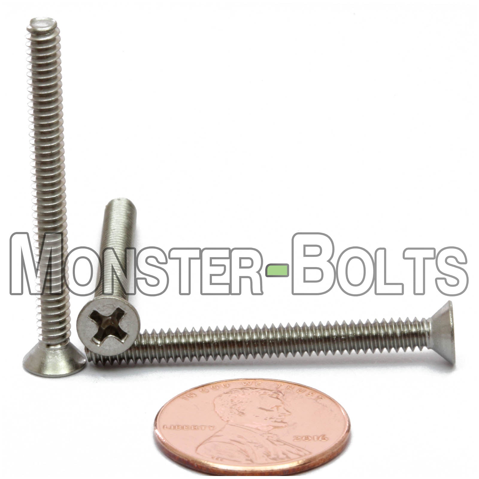 #6-32 x 1-1/2" Stainless Phillips Flat Head machine screws shown with US penny for scale