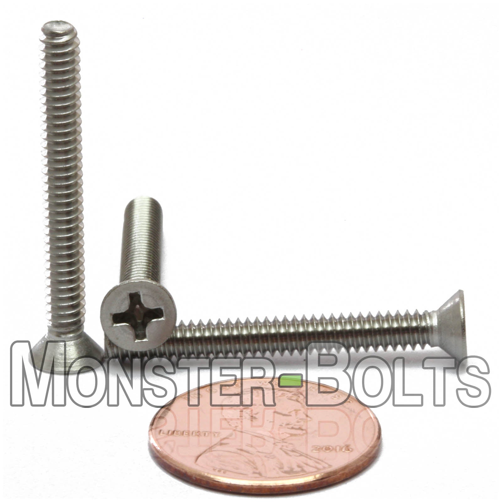 #6-32 x 1-1/4" Stainless Steel Phillips Flat Head screws shown with US penny for scale