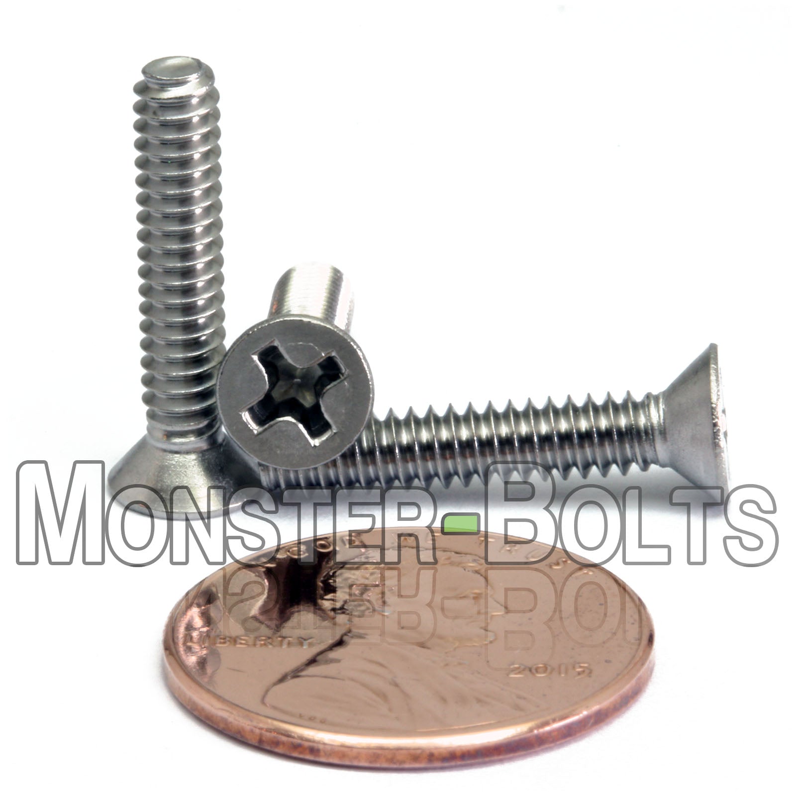 #6-32 x 3/4" Stainless Steel Phillips Flat Head screws with US penny for scale