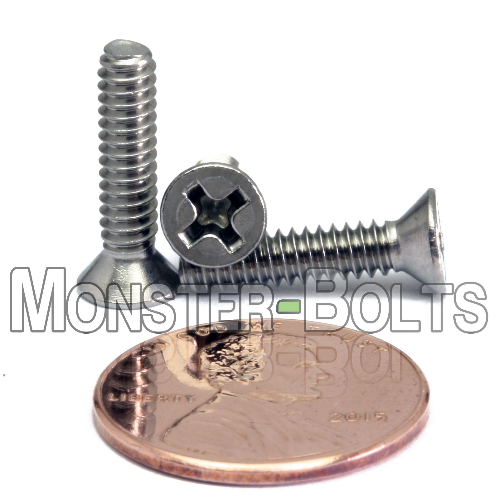 #6-32 x 5/8" Stainless Steel Phillips Flat Head screws shown with US penny for scale