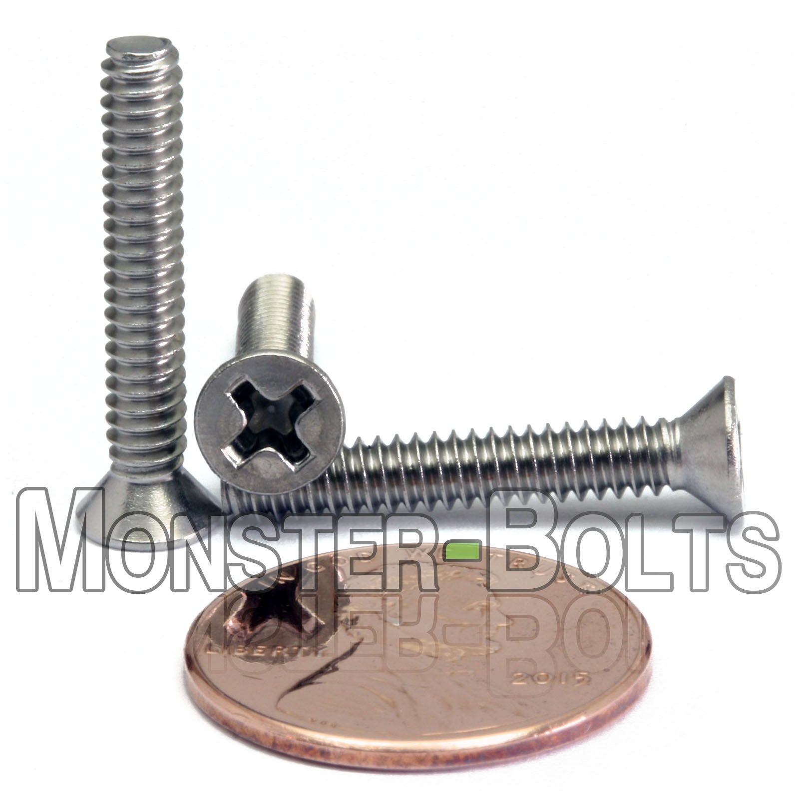 #6-32 x 7/8" Stainless Steel Phillips Flat Head screws on white background with US penny for scale