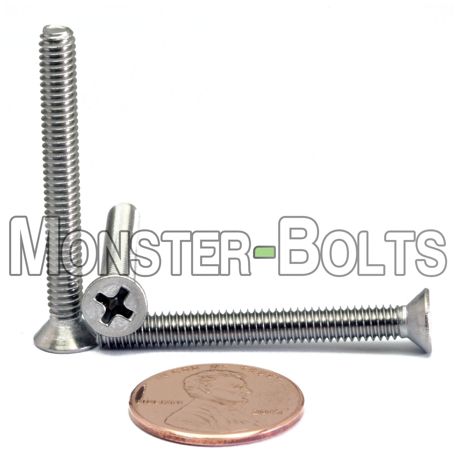 #8-32 x 1-1/2" Stainless Phillips Flat Head machine screws shown with US penny for scale