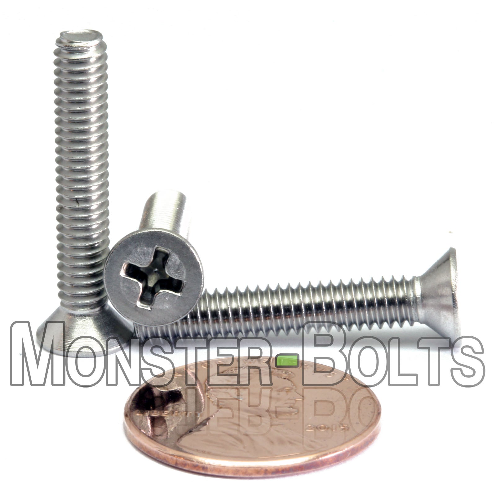 #8-32 x 1 in. stainless Steel Phillips Flat Head screws shown with US penny for scale