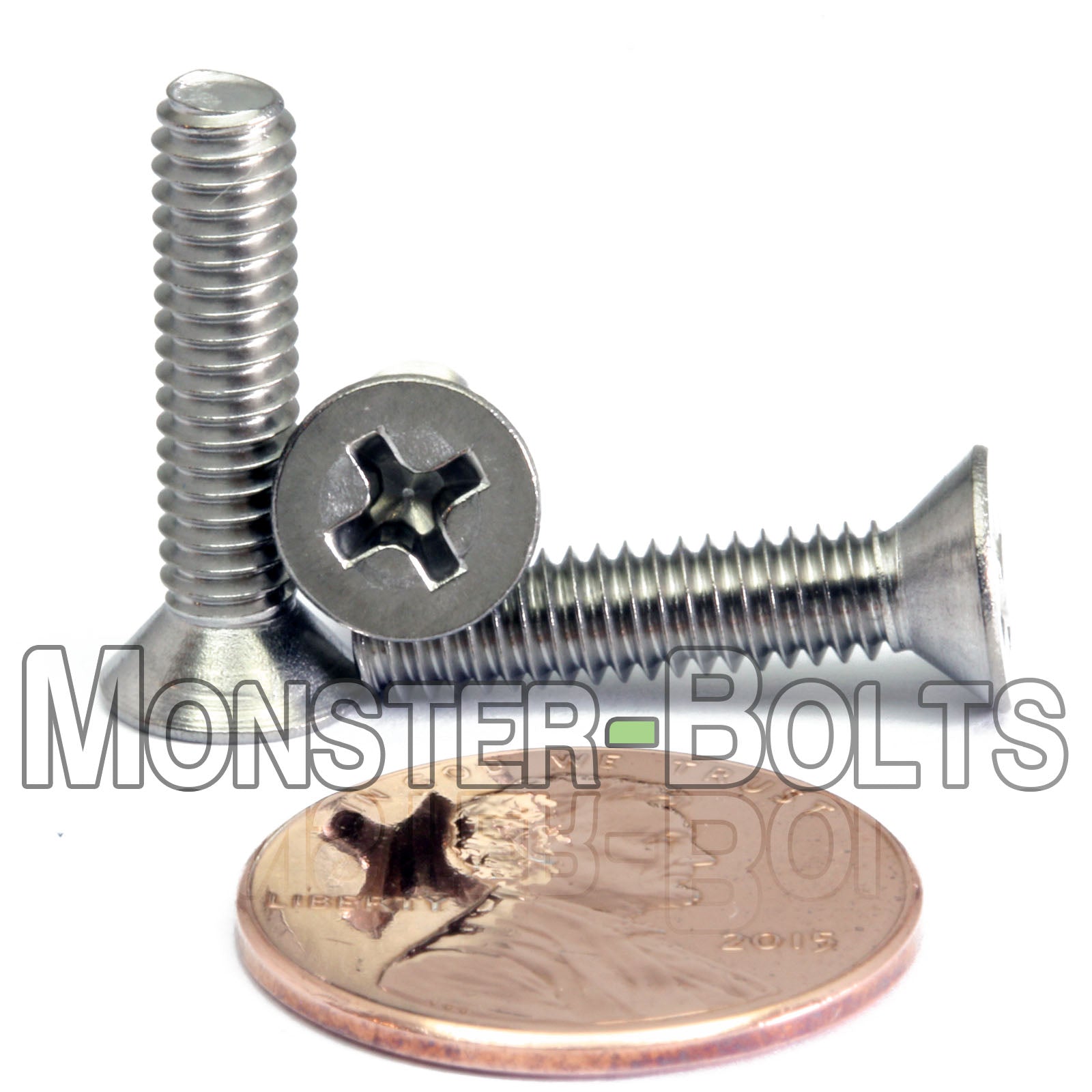 #8-32 x 3/4" Stainless Steel countersunk Phillips Flat Head screws shown with US penny for scale