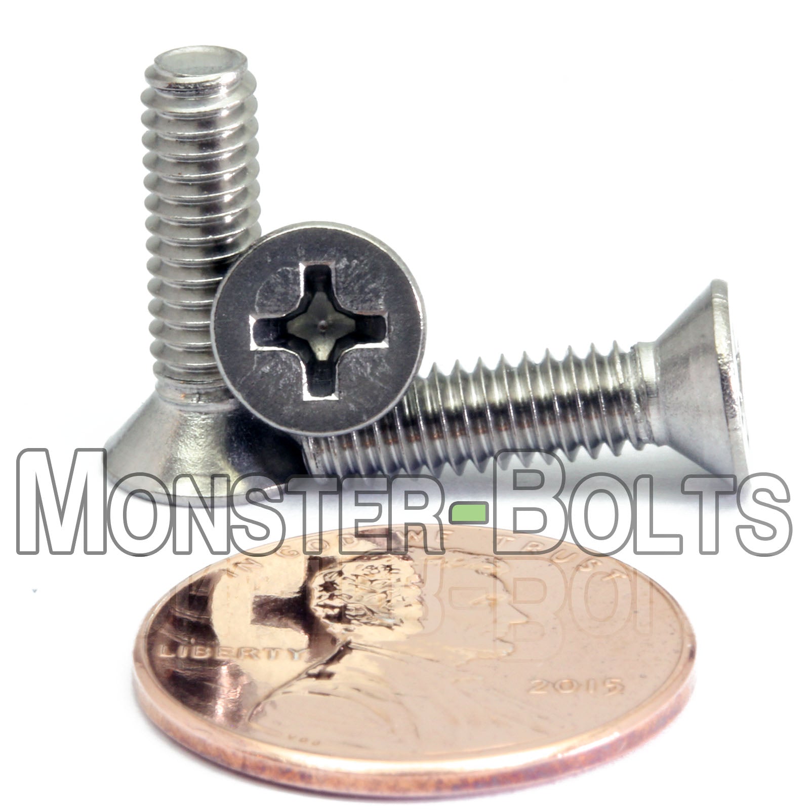 #8-32 x 5/8" Stainless Steel Phillips Flat Head screws shown with US penny for scale