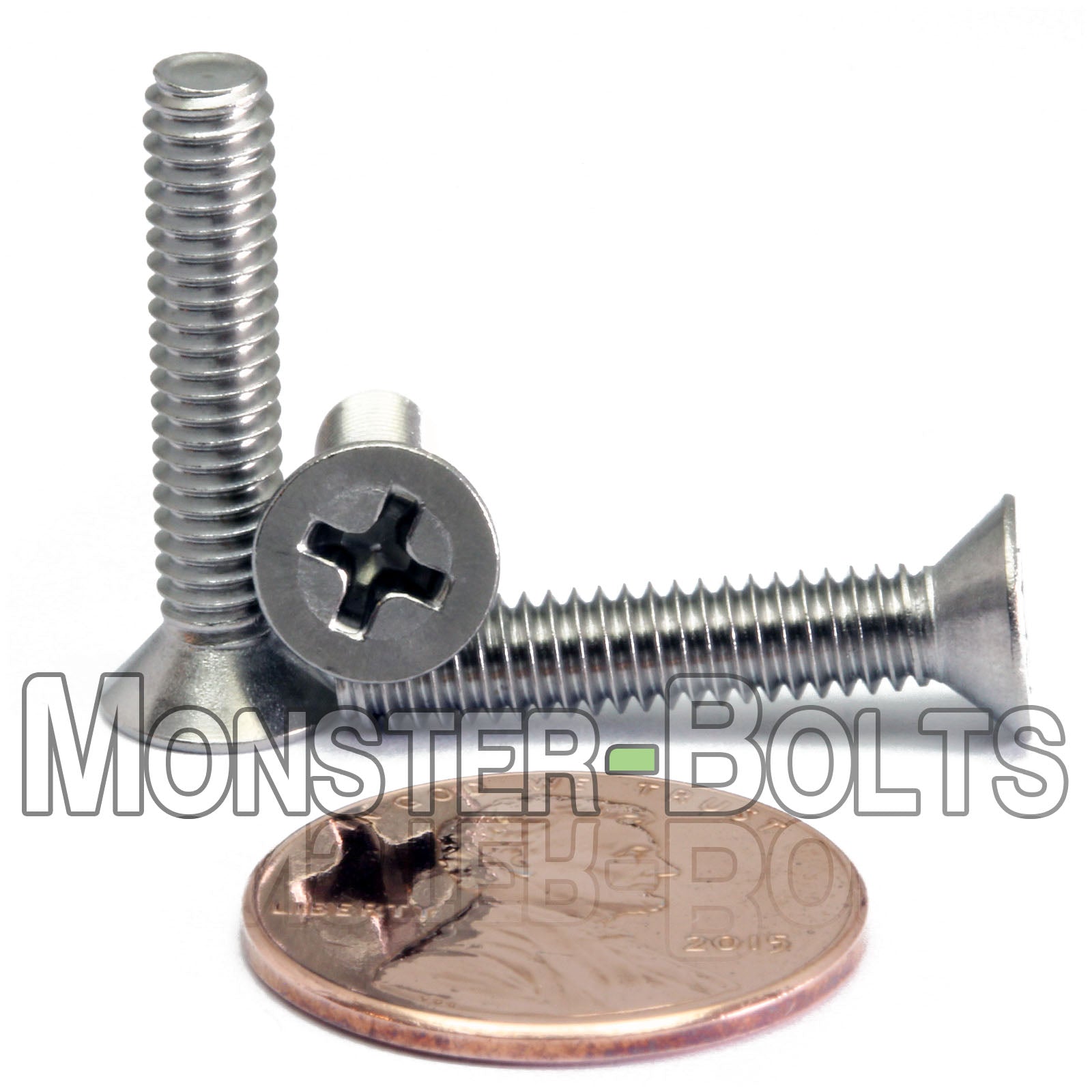 #8-32 x 7/8 in. stainless Steel Phillips Flat Head screws on white background with US penny for scale