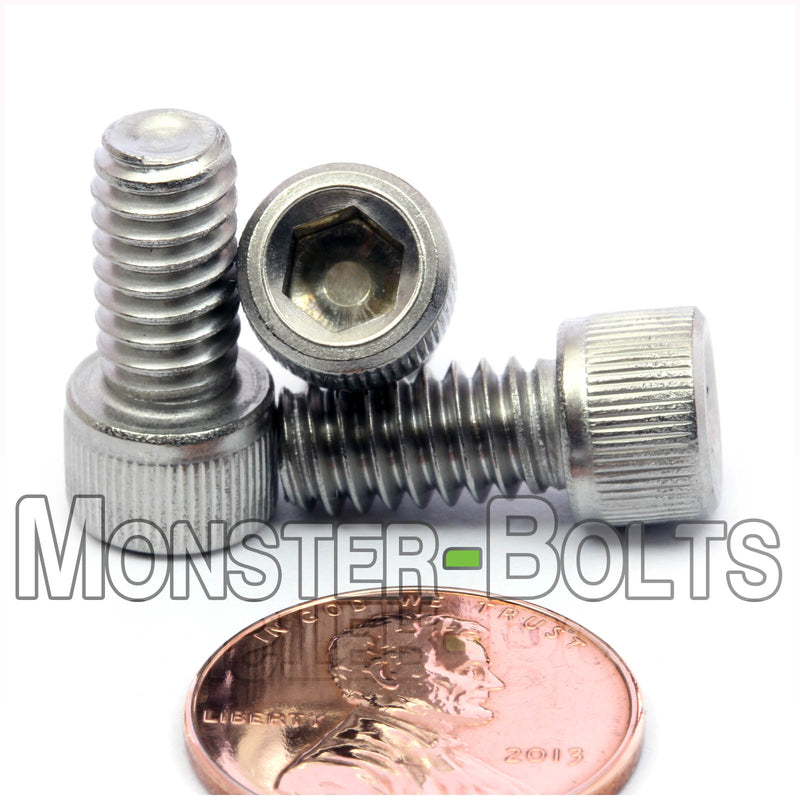Stainless Steel 1/4"-20 x 1/2 in. Socket Head cap screws, with US penny to show size.