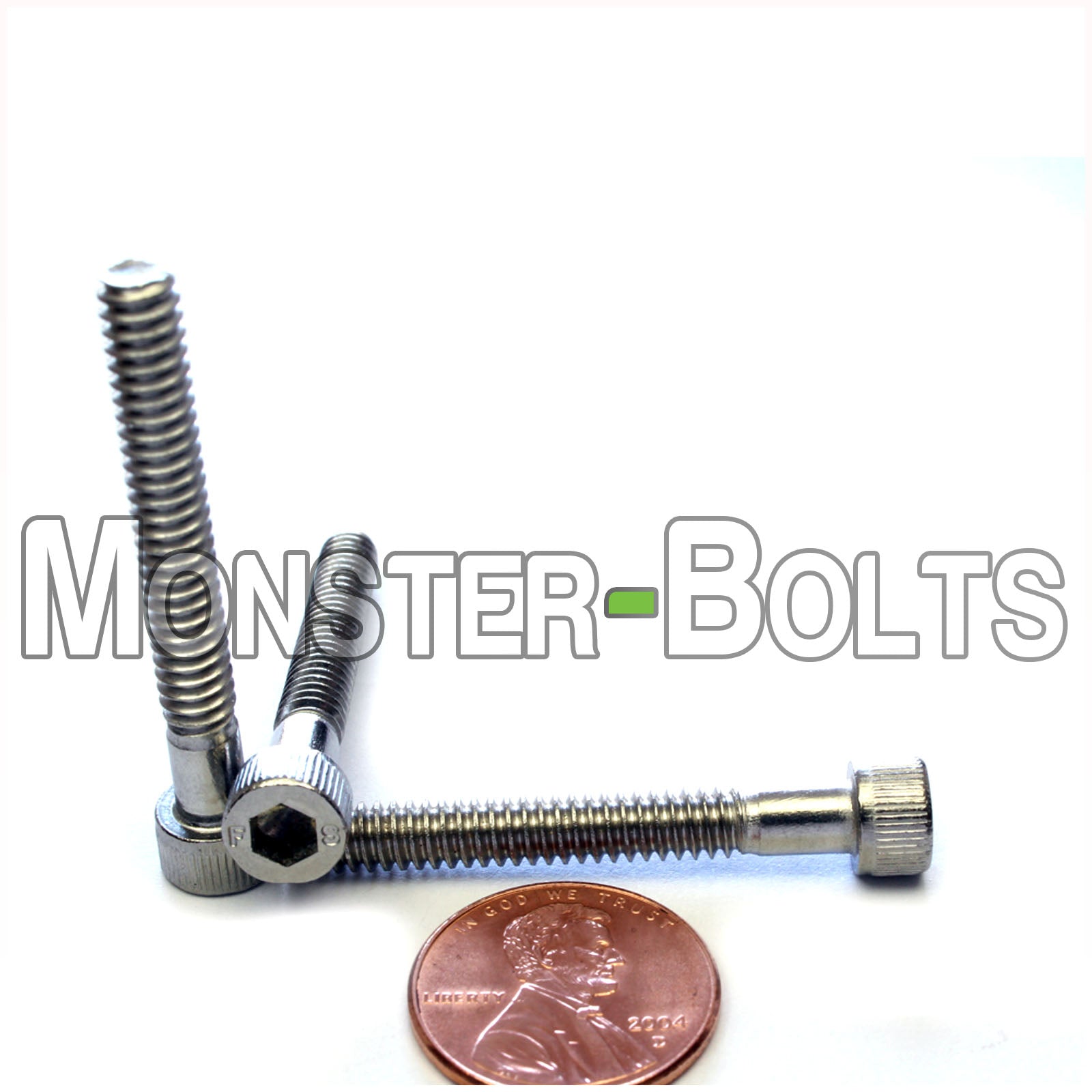 Stainless #10-24 x 1-1/2 in. Socket Head cap screws, with US penny for size.