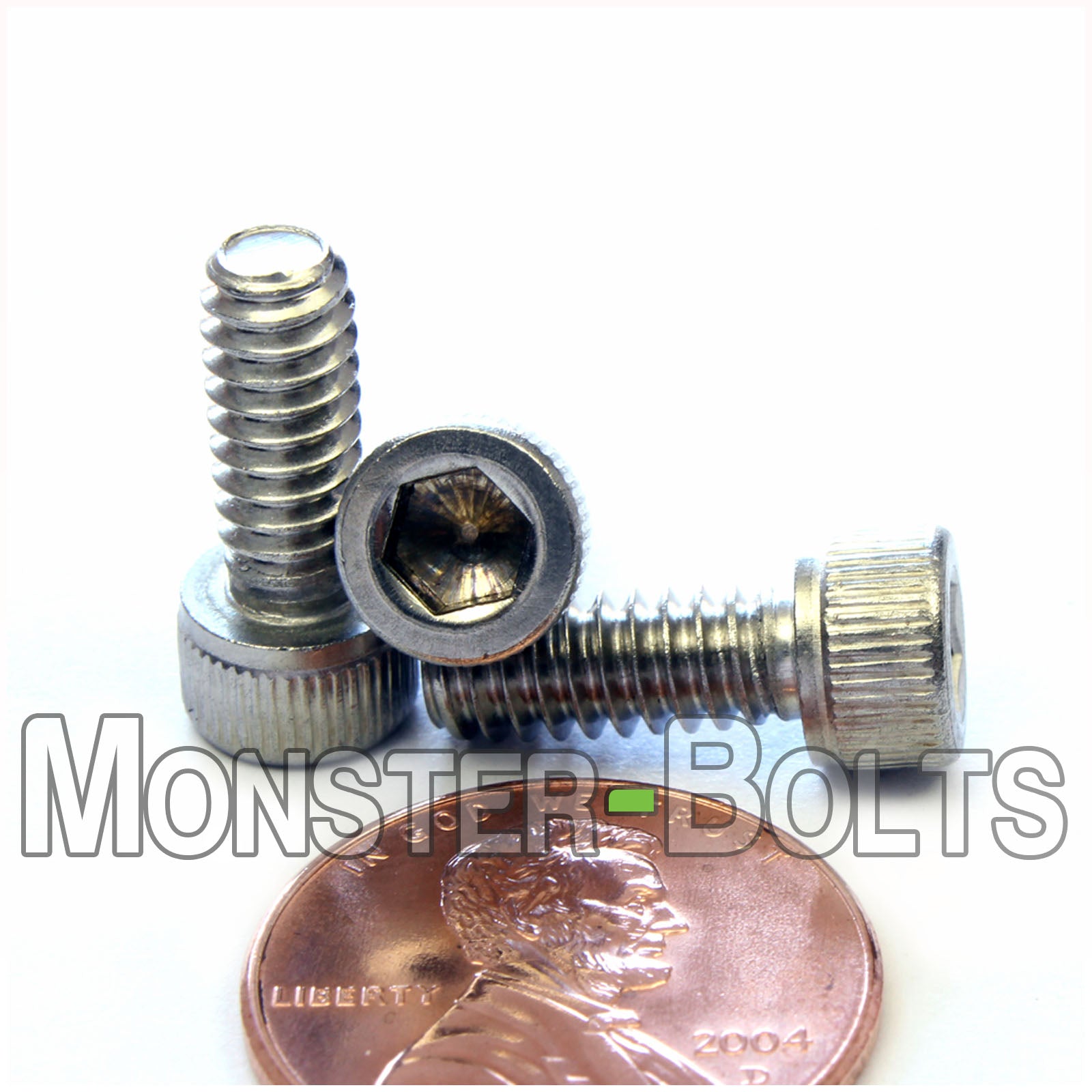 Stainless Steel #10-24 x 1/2 in. Socket Head cap screws, with US penny to show size.