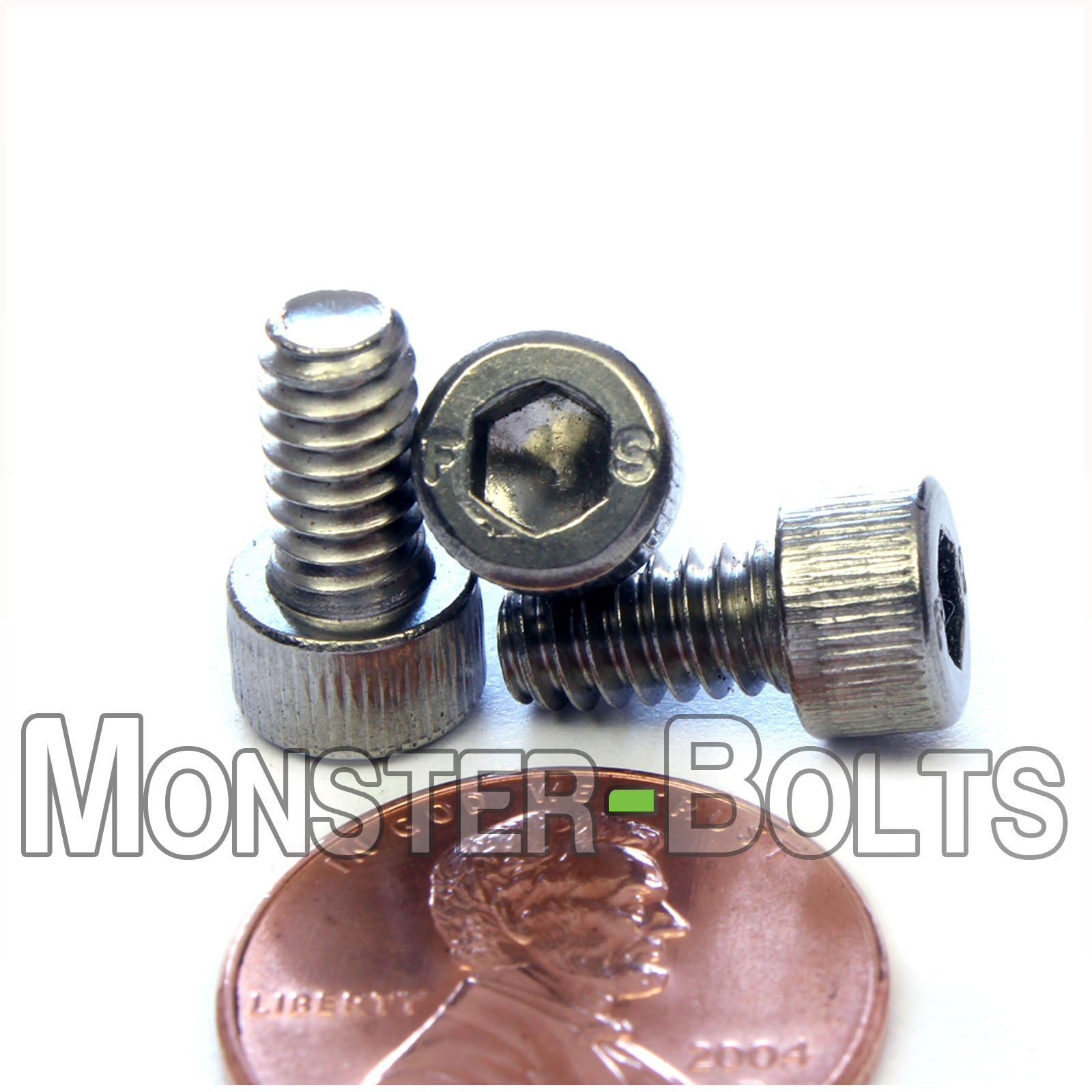 Stainless Steel #10-24 x 3/8" socket Head screws, with US penny for size.