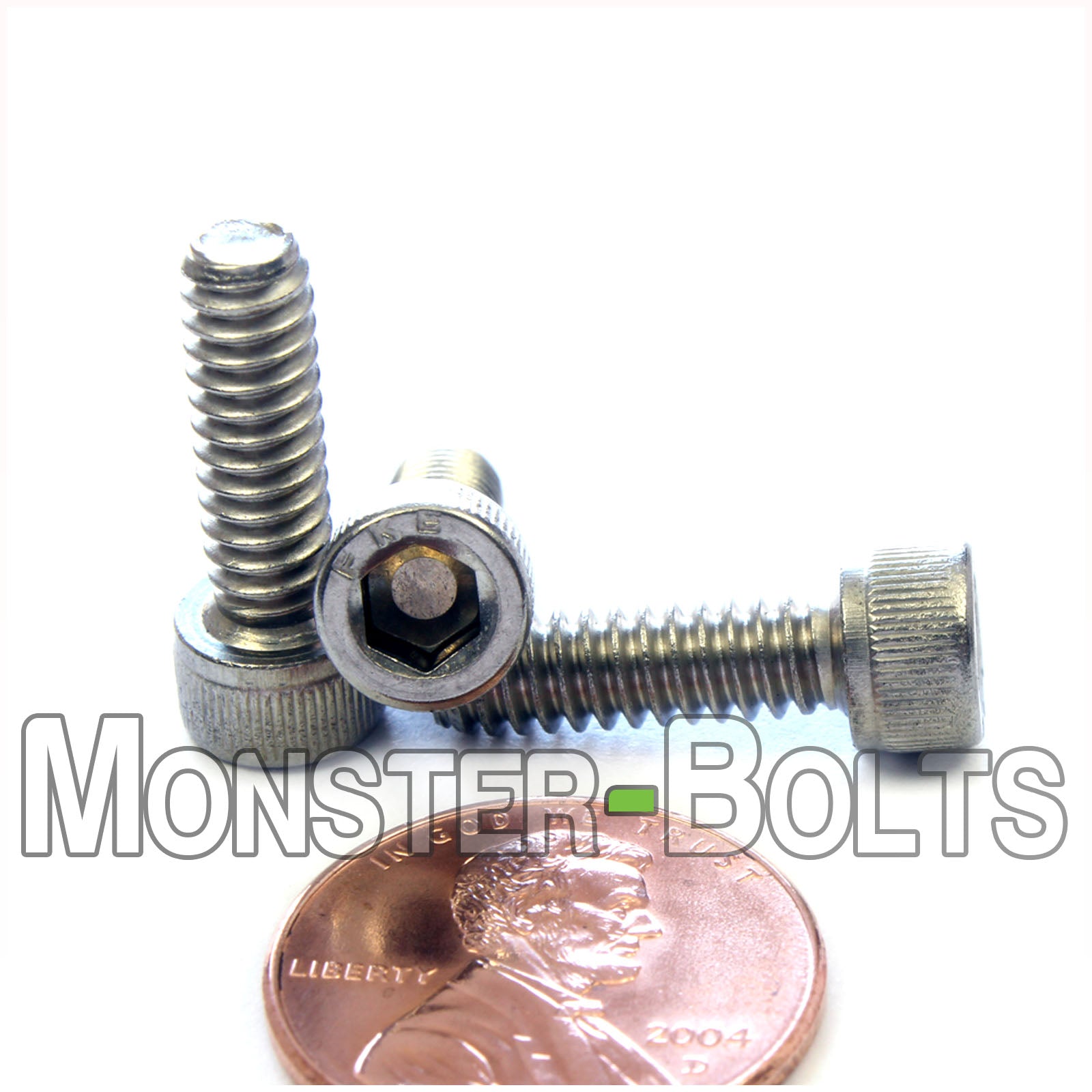 Stainless Steel #10-24 x 5/8" socket head cap screws, with US penny to show size.