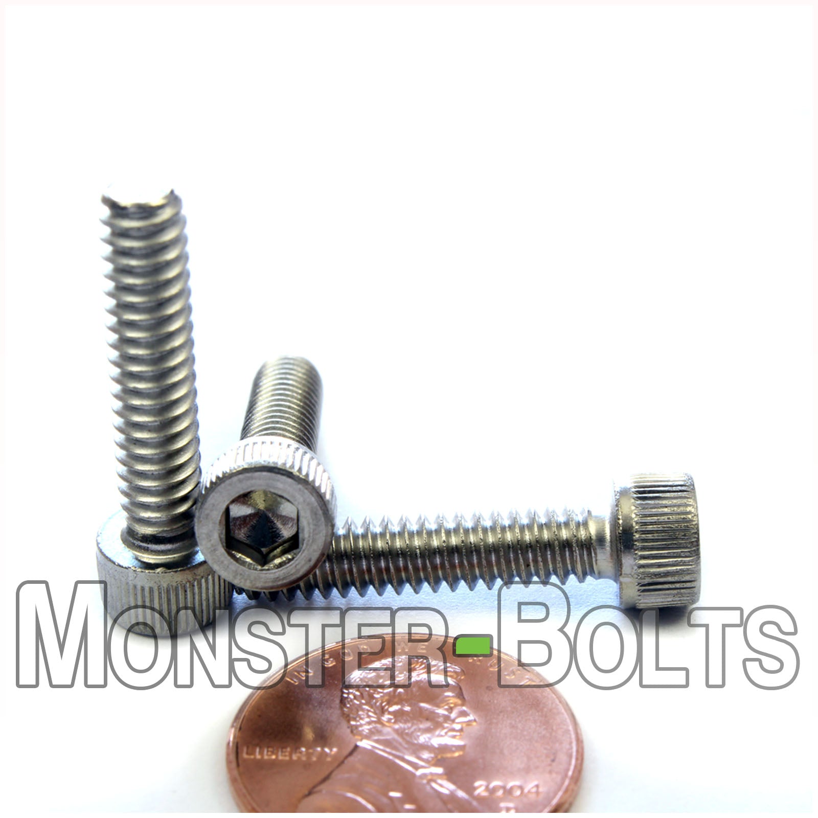 Stainless Steel #10-24 x 7/8 in. socket head cap screws, with US penny to show size.