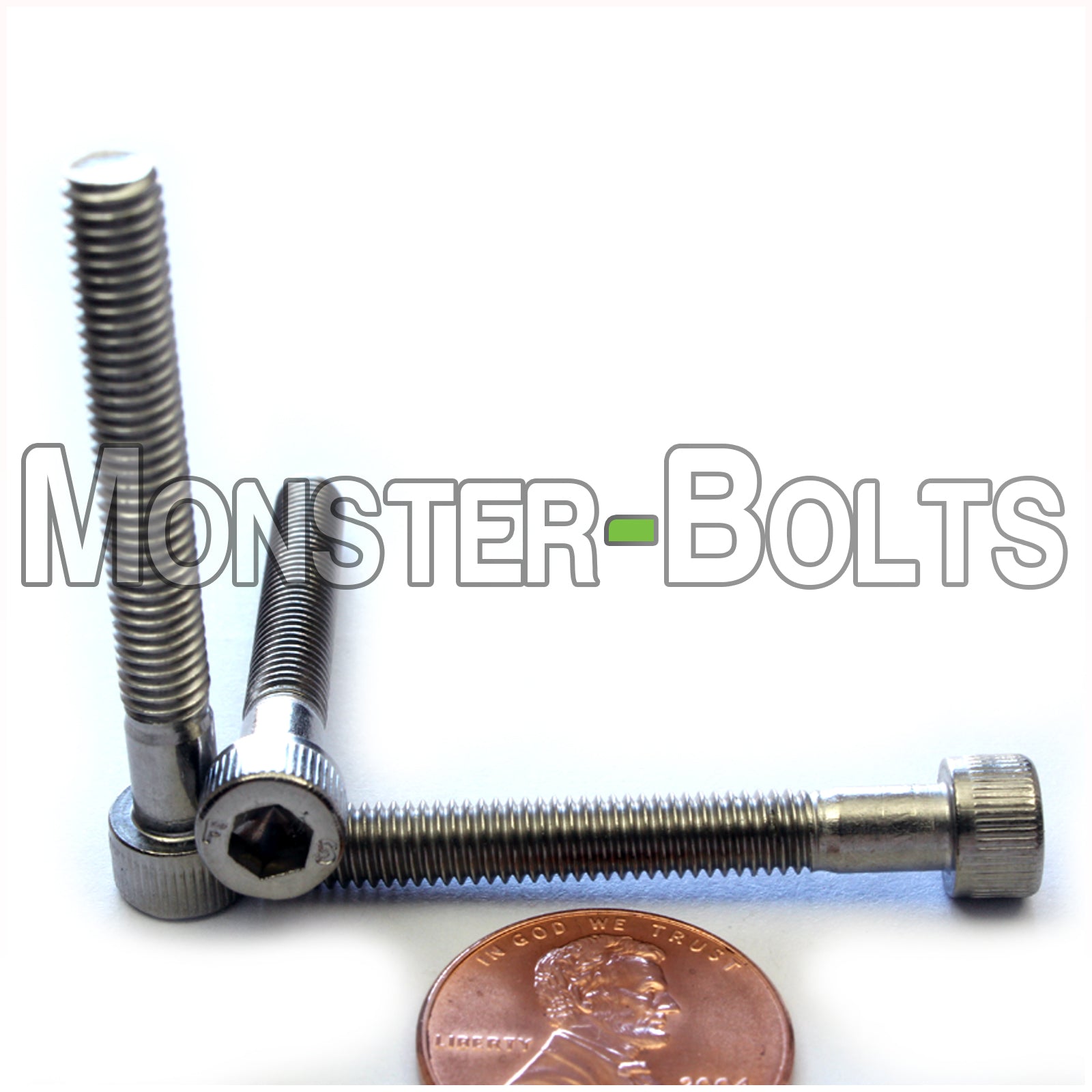 Stainless #10-32 x 1-1/2 in. Socket Head cap screws, with US penny for size.