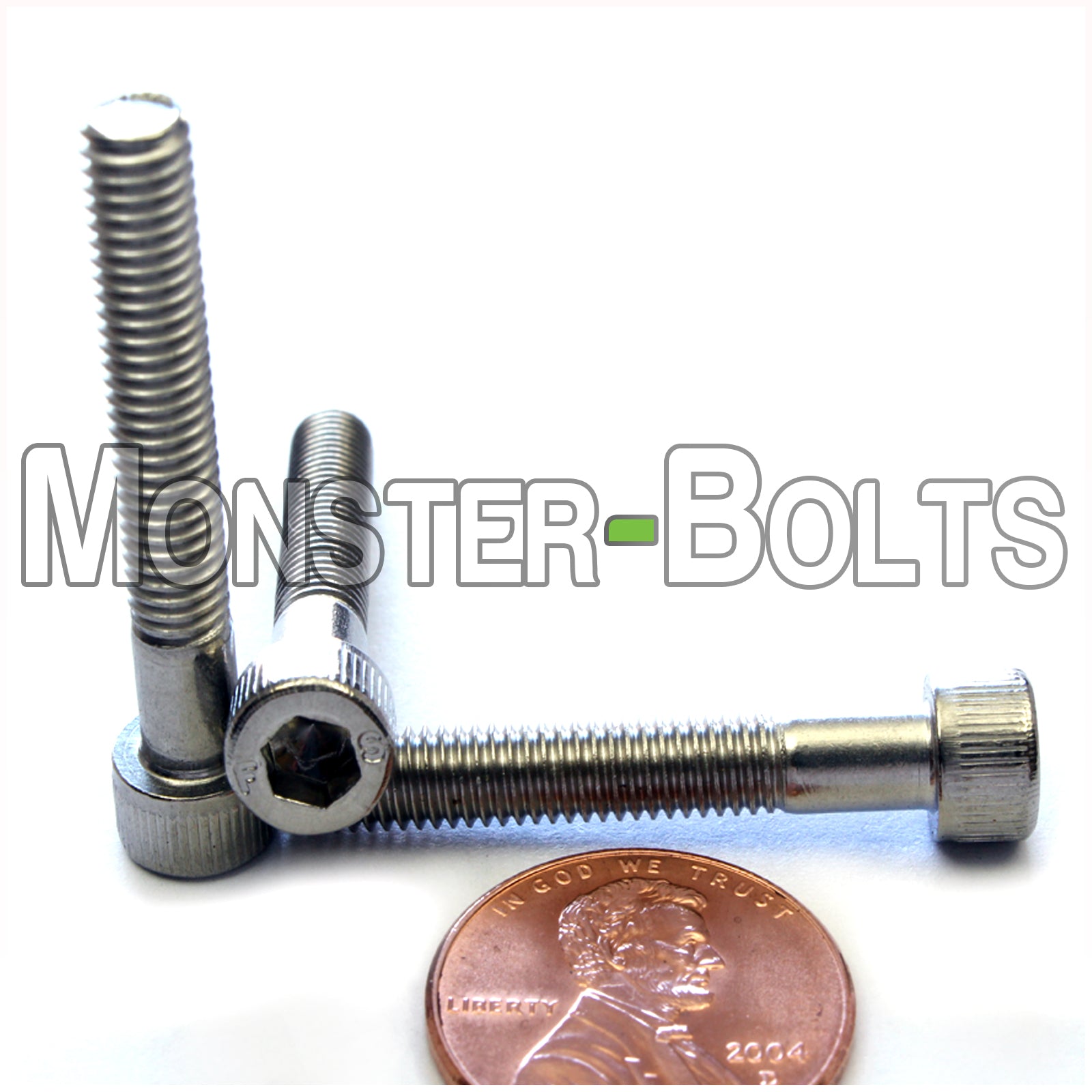 Stainless Steel #10-32 x 1-1/4 in. socket head screws, with US penny for size.