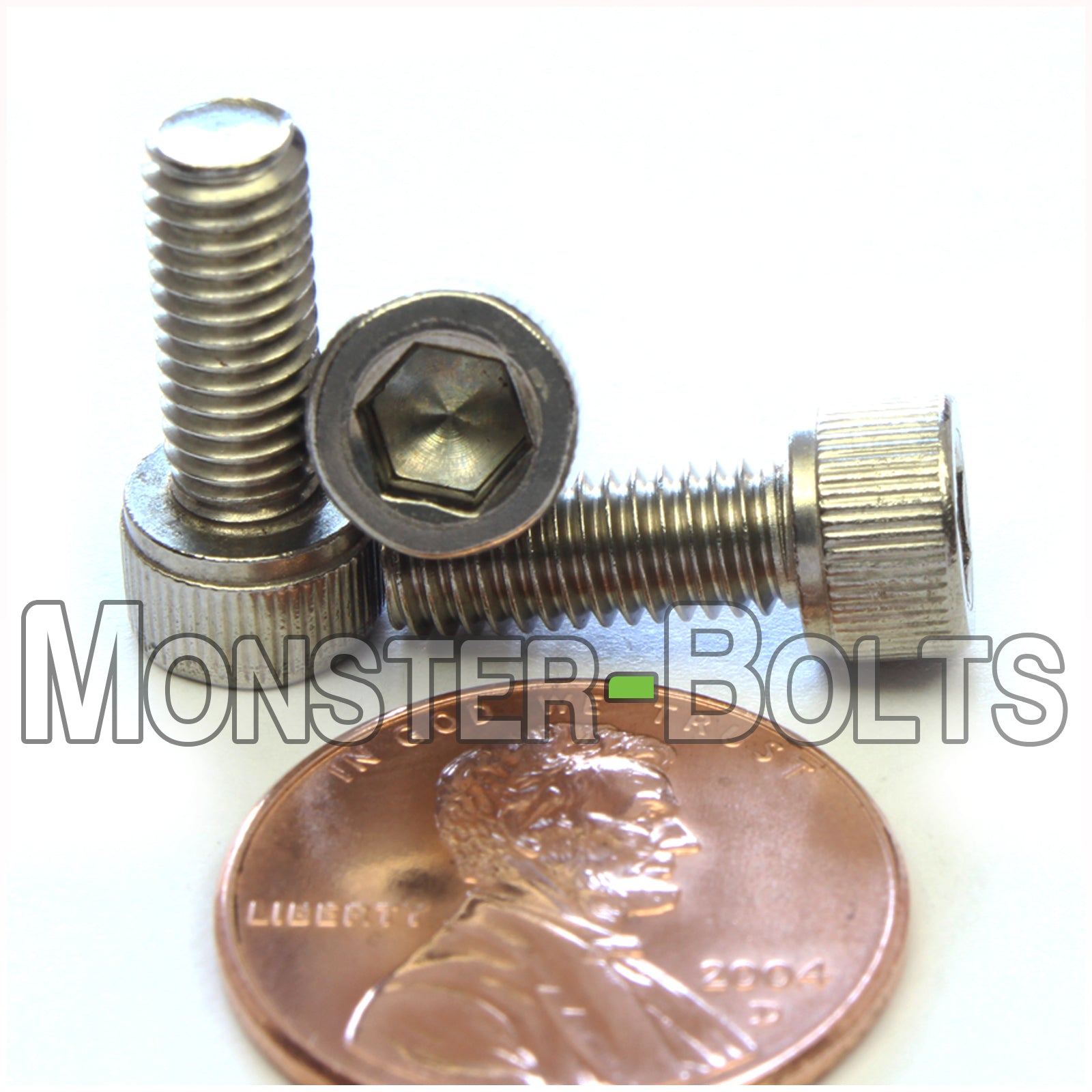 Stainless Steel #10-32 x 1/2 in. Socket Head cap screws, with US penny to show size.