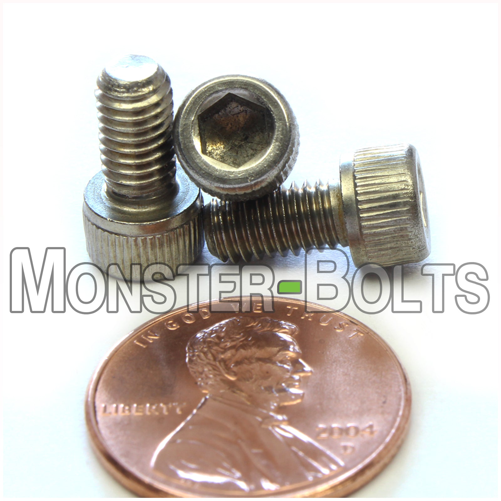 Stainless Steel #10-32 x 3/8" socket Head screws, with US penny for size.