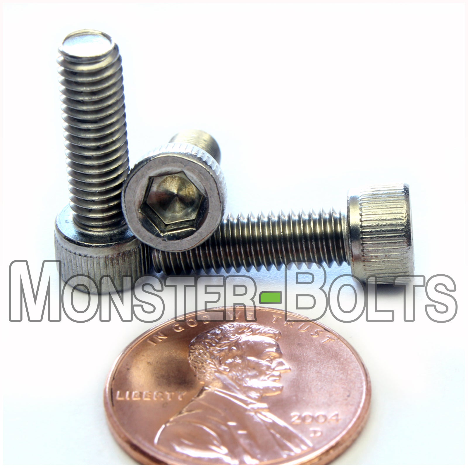 Stainless Steel #10-32 x 5/8" socket head cap screws, with US penny to show size.