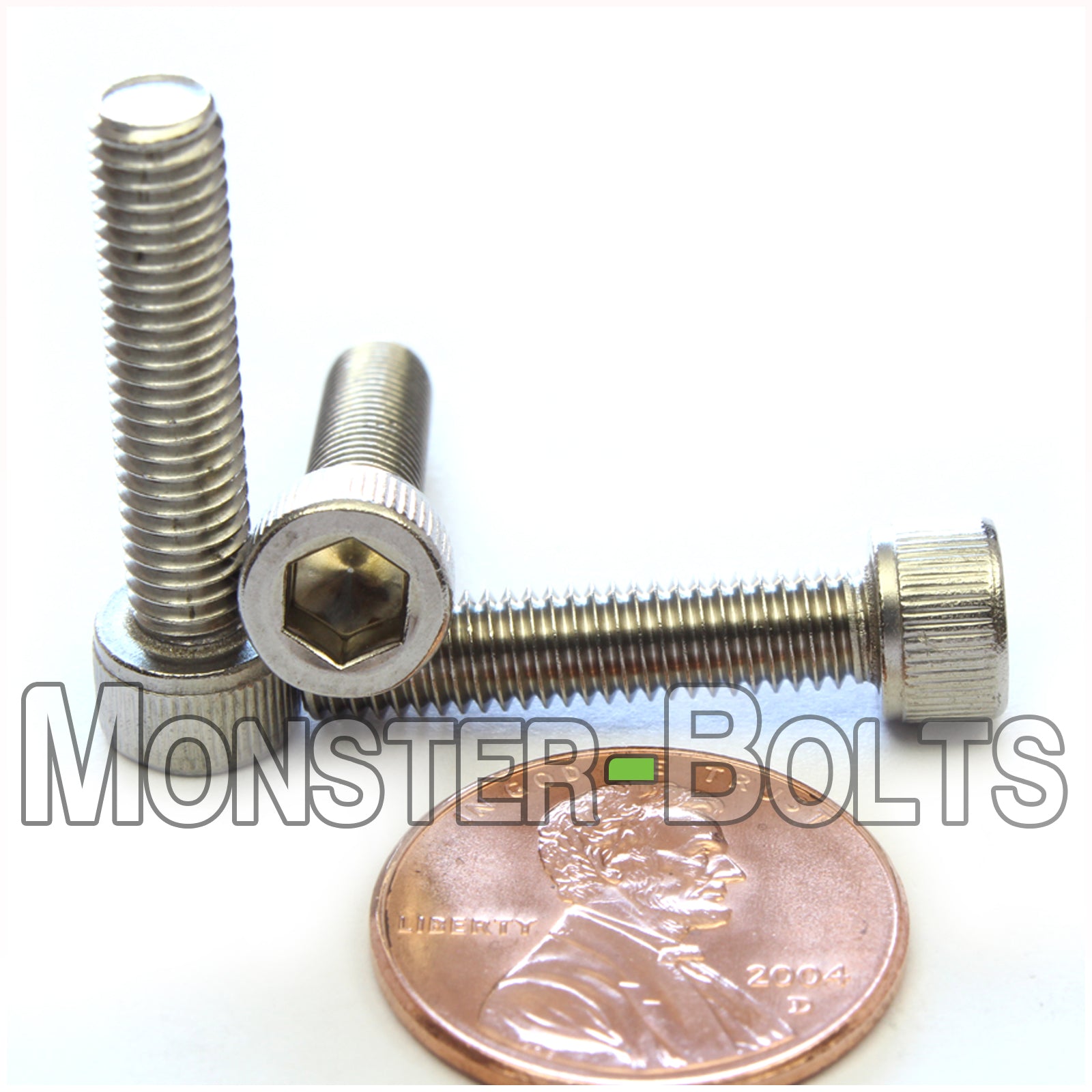 Stainless Steel #10-32 x 7/8 in. socket head cap screws, with US penny to show size.