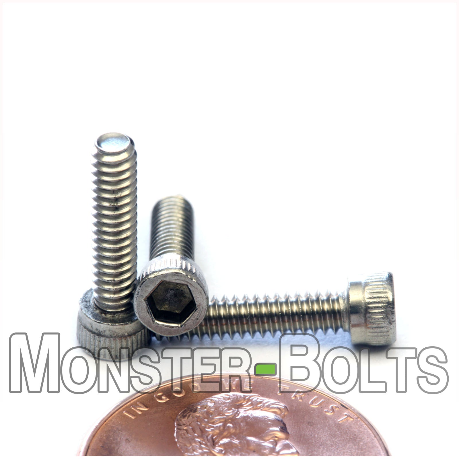 Stainless Steel #4-40 x 1/2 in. Socket Head cap screws, with US penny to show size.