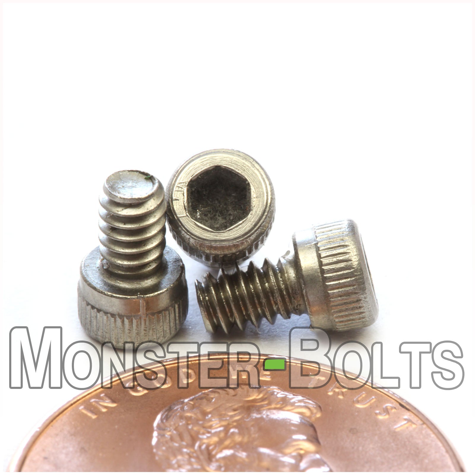 Stainless Steel #4-40 x 3/16 in. socket head screws, with US penny for size.