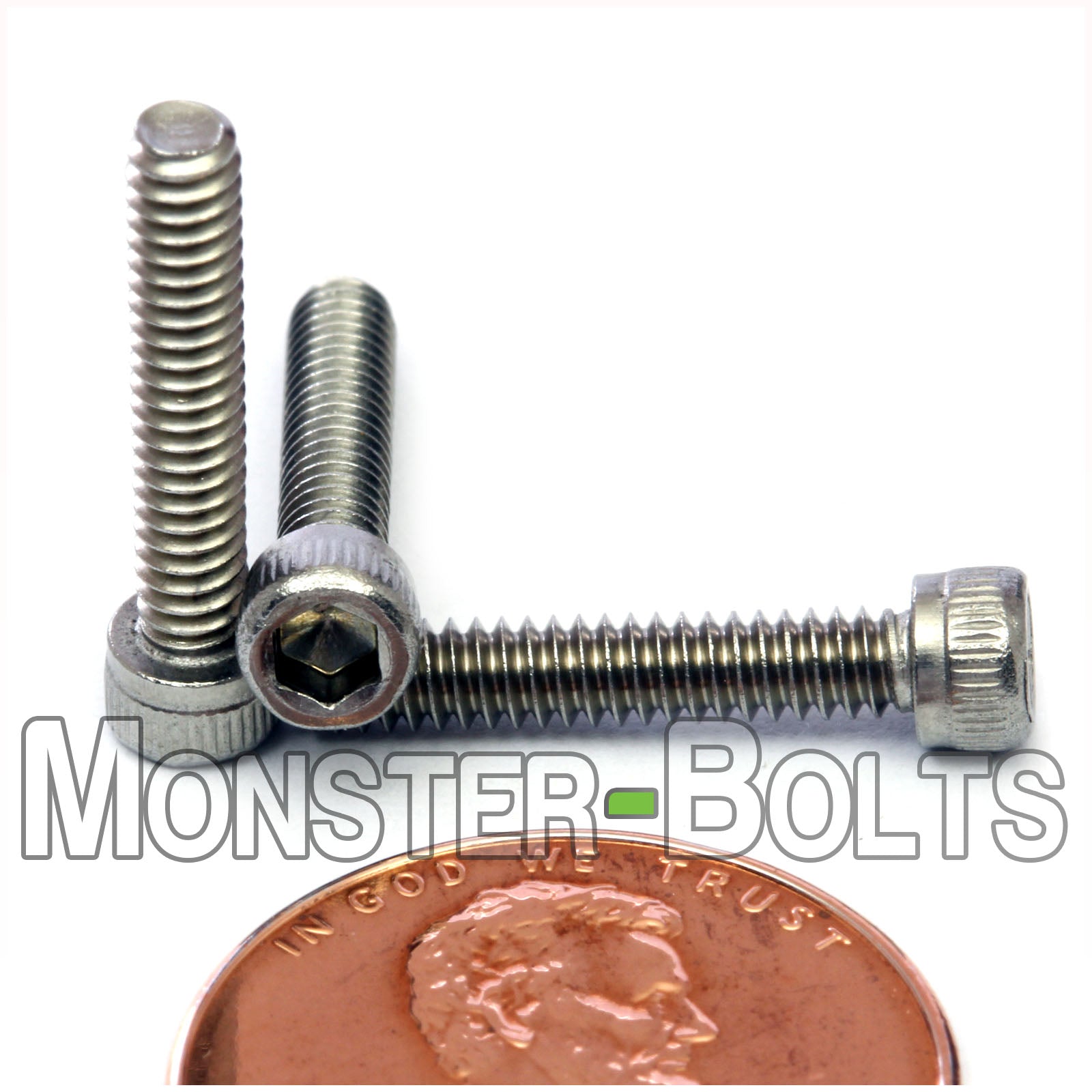 Stainless Steel #4-40 x 5/8" socket head cap screws, with US penny to show size.