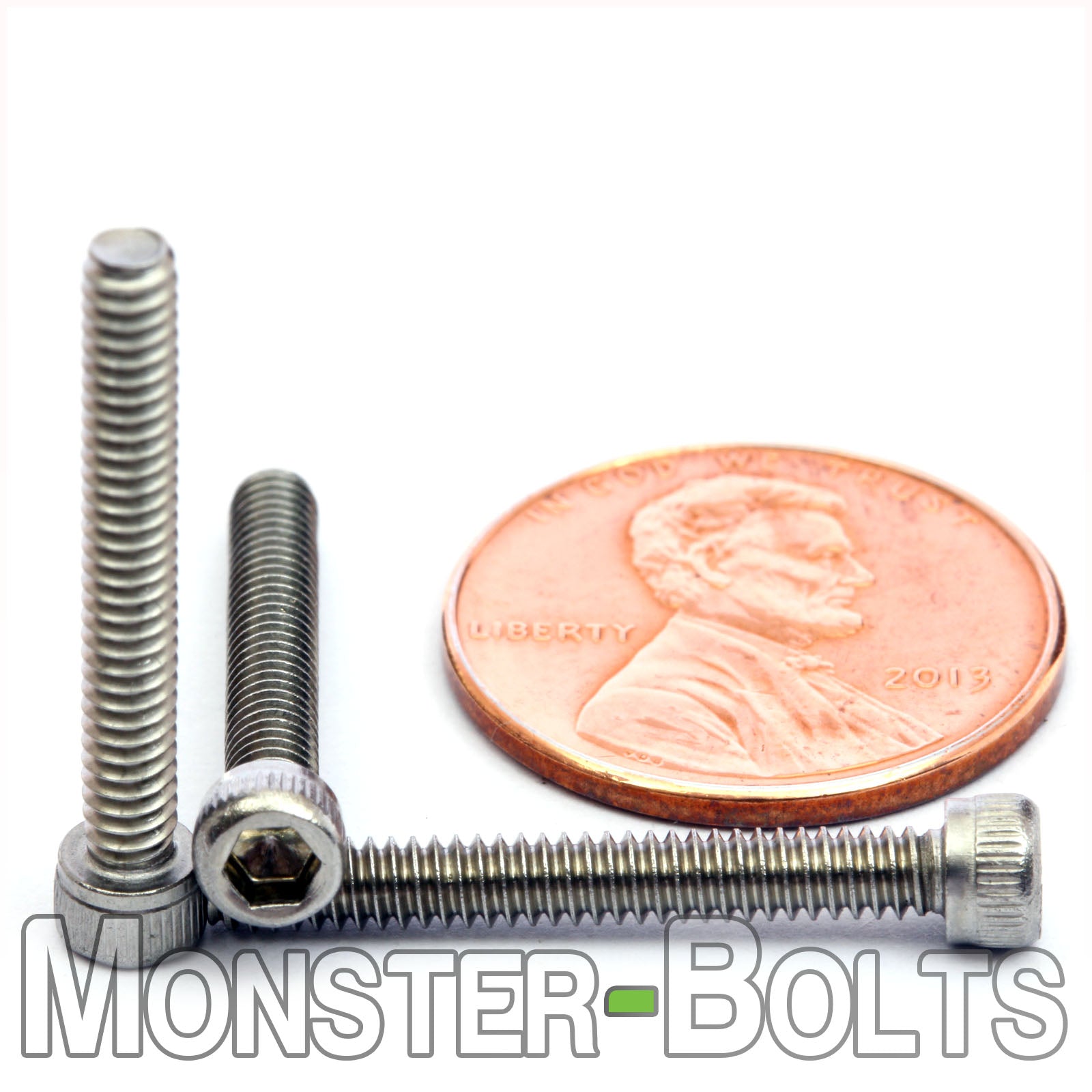 Stainless Steel #4-40 x 7/8 in. socket head cap screws, with US penny to show size.