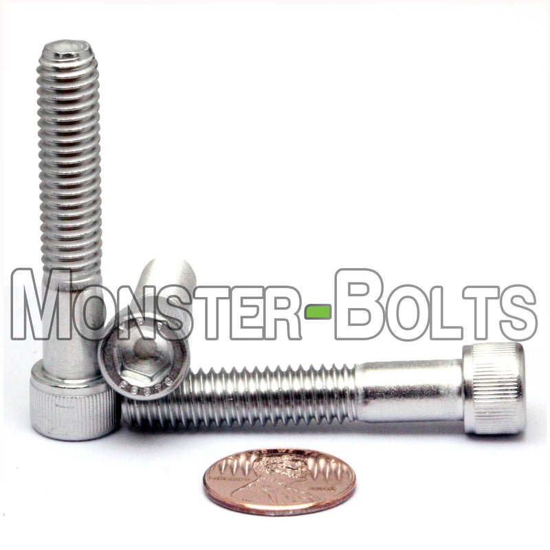 Stainless 5/16-18 x 1-3/4 inch Socket Head cap screws, with US penny for size.