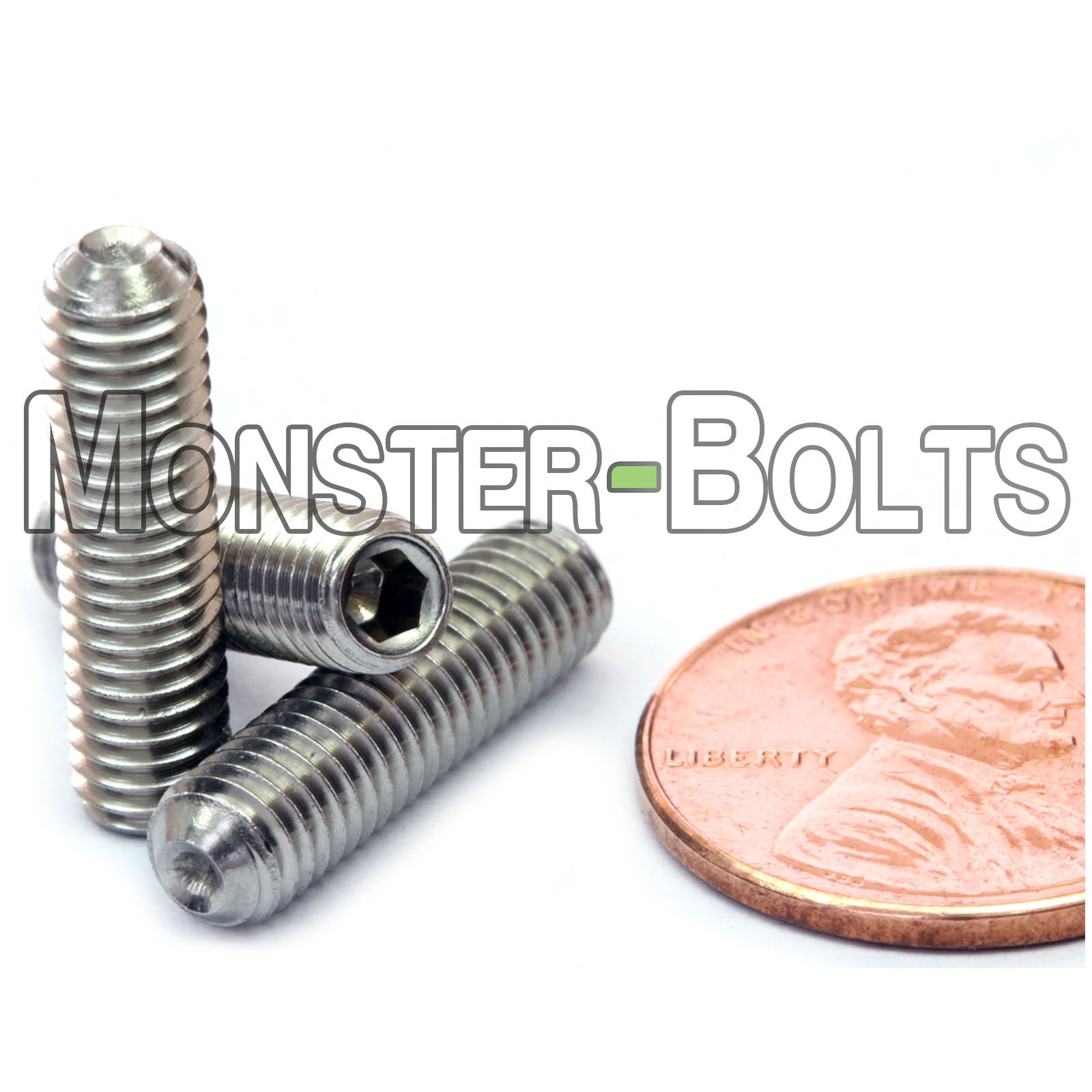 Stainless Steel #10-32 x 3/4" Allen key set screws with cup point.