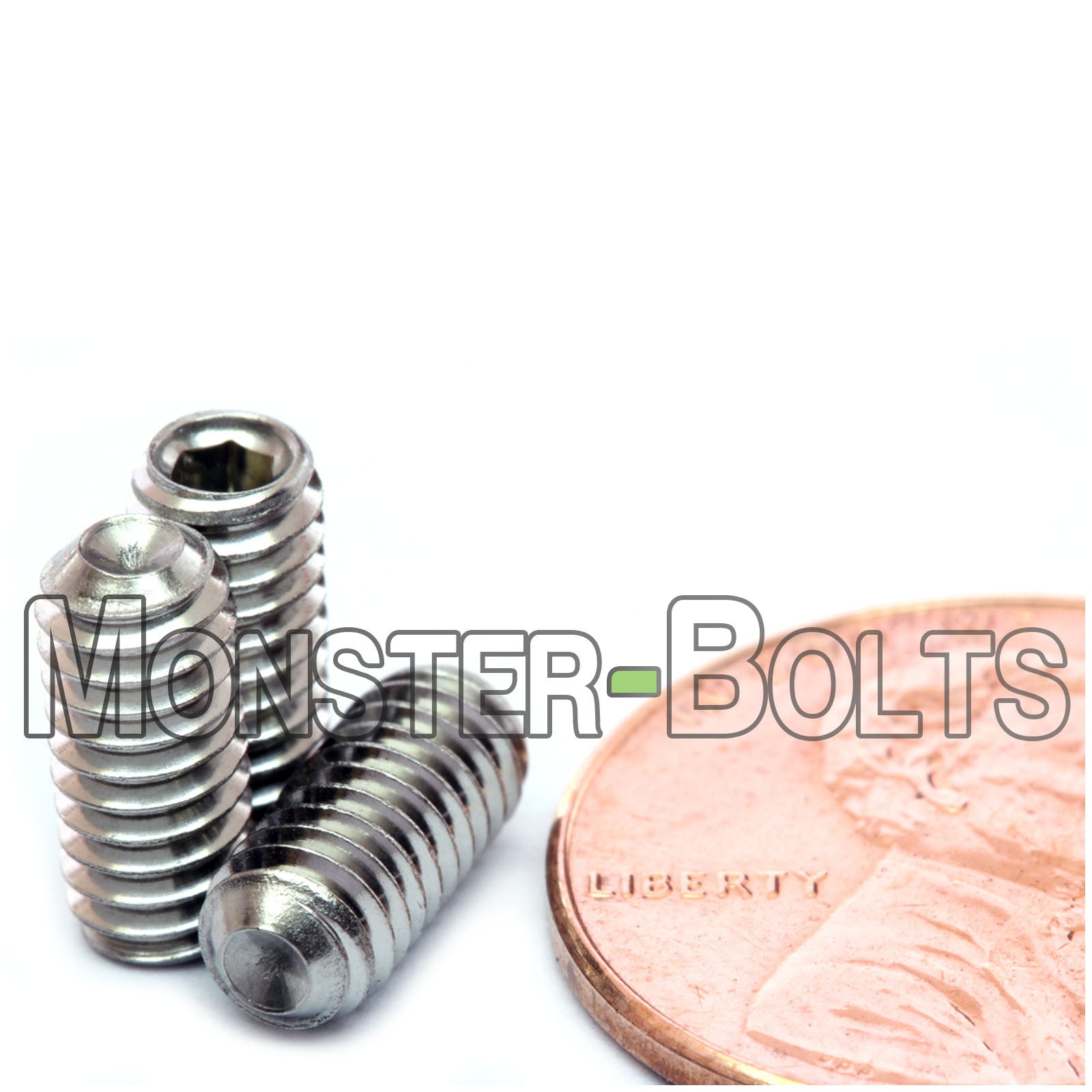 Stainless Steel #8-32 x 3/8" Allen key set screws with cup point.