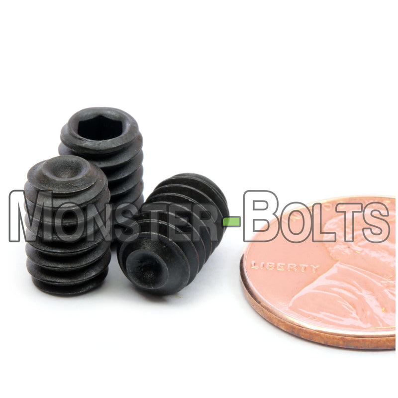 Black 1/4-20 x 3/8" Allen key set screws with cup point.
