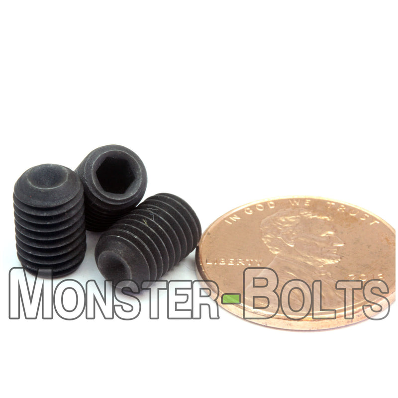 Black 1/4-28 x 3/8" Allen key set screws with cup point.