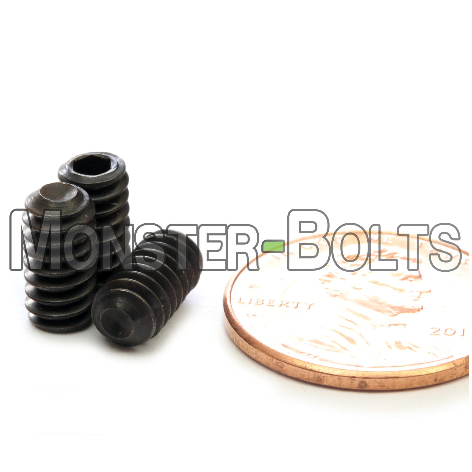 Black #10-24 x 3/8" Allen key set screws with cup point.