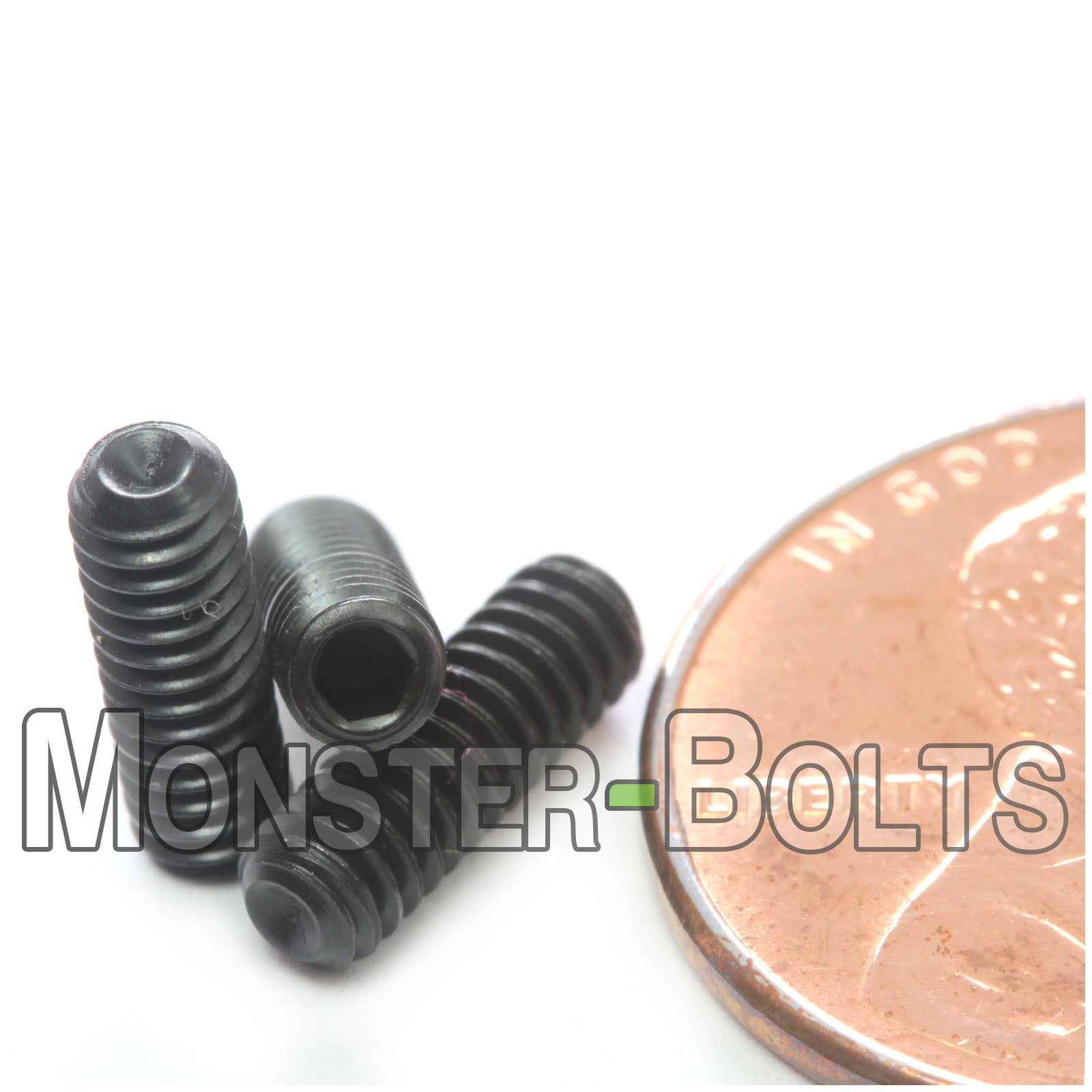 Black #5-40 x 3/8" Allen key set screws with cup point.