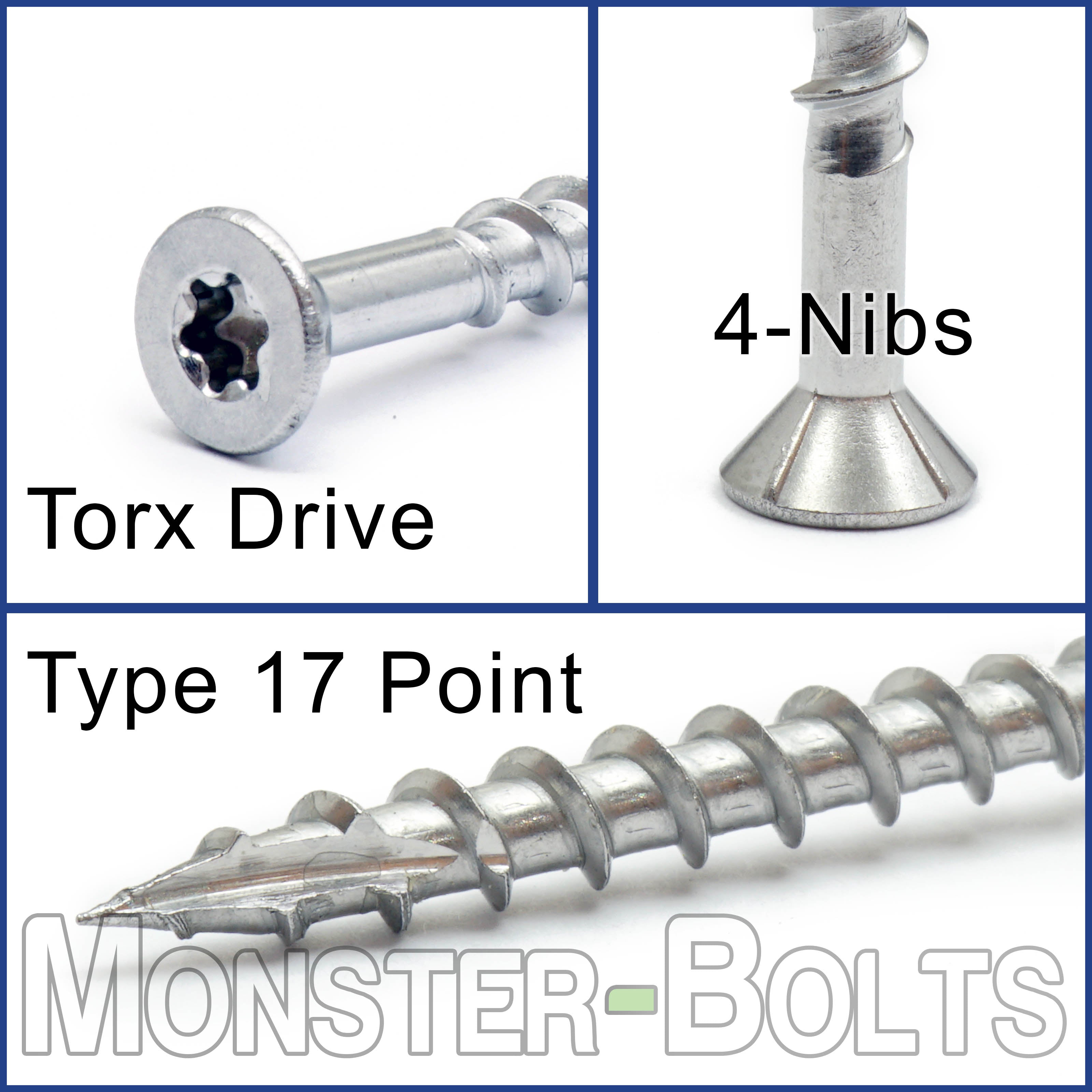 #12 x 4" Star (Torx) Drive Flat Head w/ Nibs, 305 Stainless Steel Coarse Thread Type '17' point, Wood / Drywall / Deck Screws - Monster Bolts