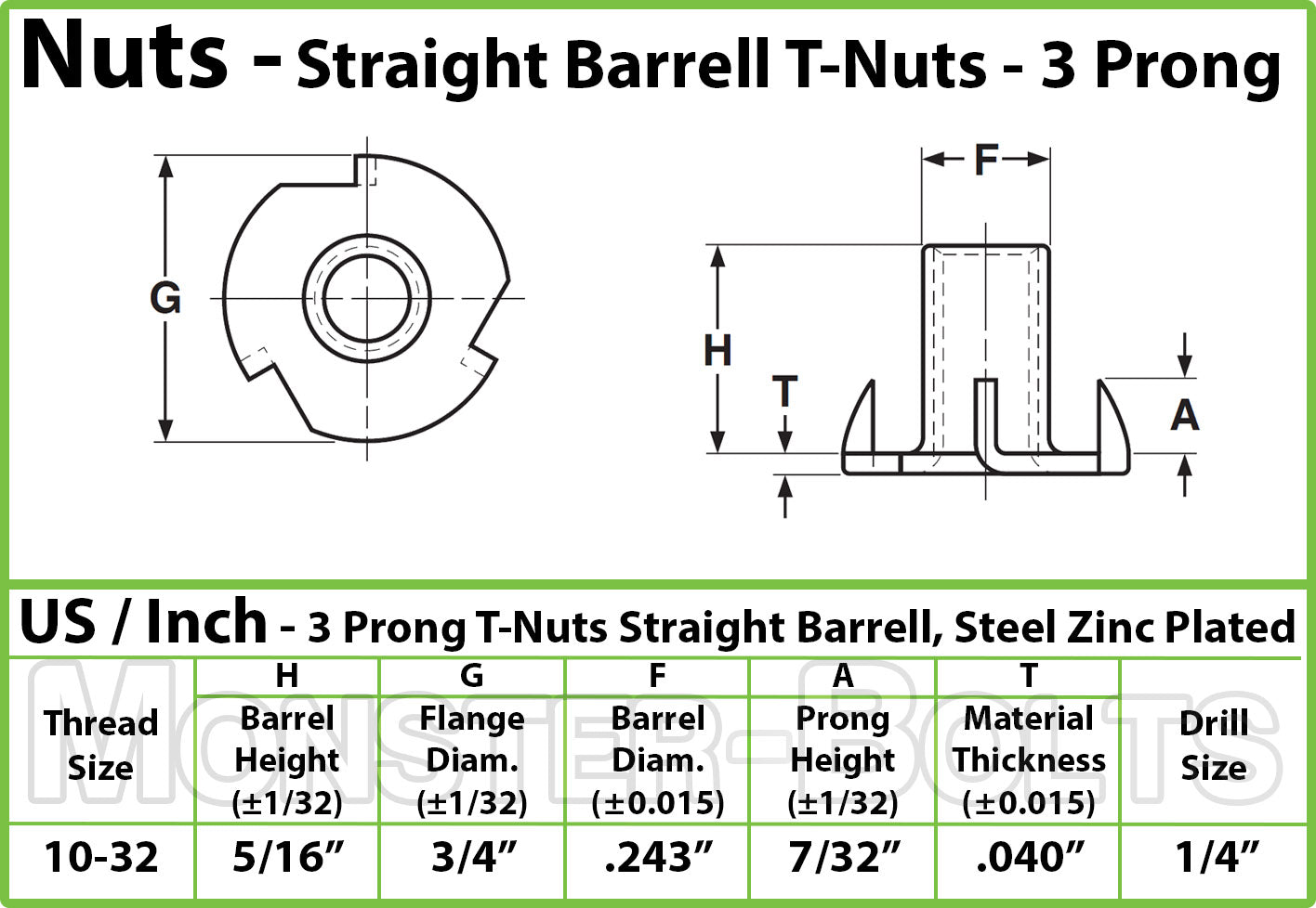 #10-32 x 5/16" 3-Prong T-Nut product spec sheet to show size and dimensions.