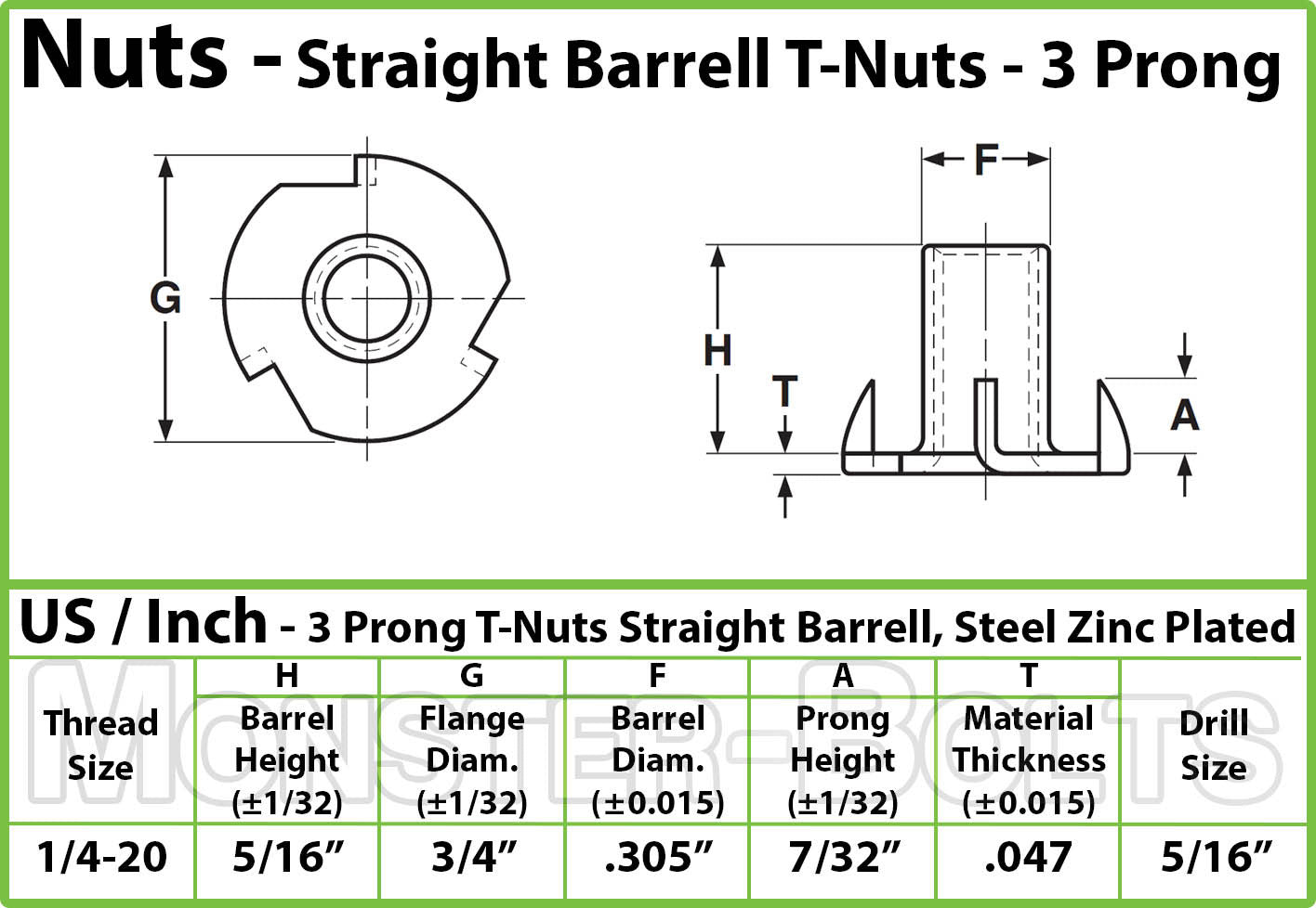 1/4-20 x 5/16" T-Nuts product spec sheet to show size and dimensions.