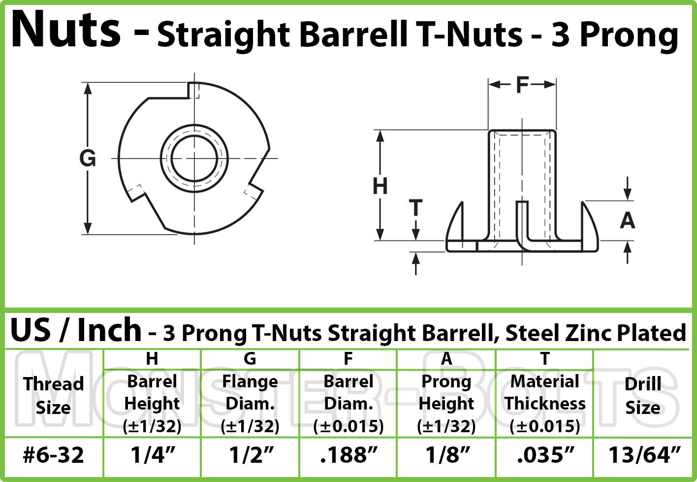 #6-32 x 1/4" - 3 Prong T-Nut Straight Barrel Zinc Plated Tee Nut - Monster Bolts