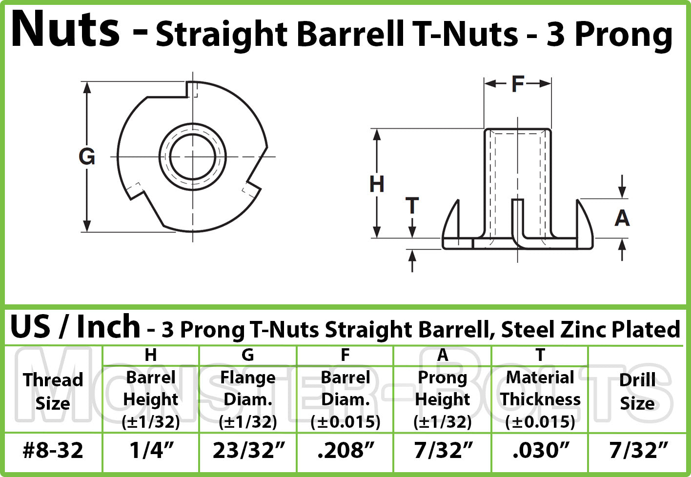 #8-32 x 1/4" - 3 Prong T-Nut Straight Barrel Zinc Plated Tee Nut - Monster Bolts