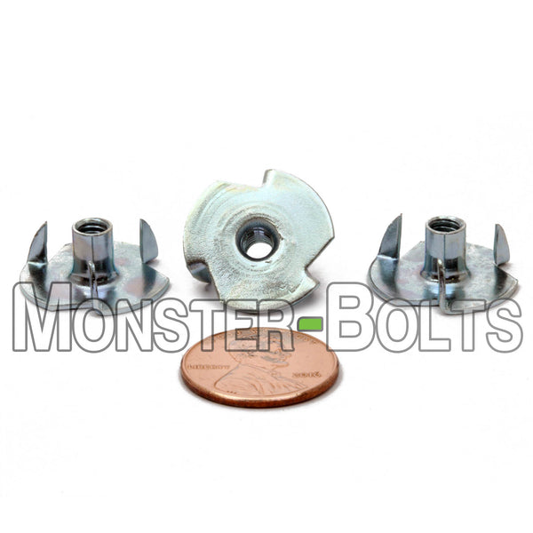 #8-32 x 1/4" - 3 Prong T-Nut Straight Barrel Zinc Plated Tee Nut - Monster Bolts