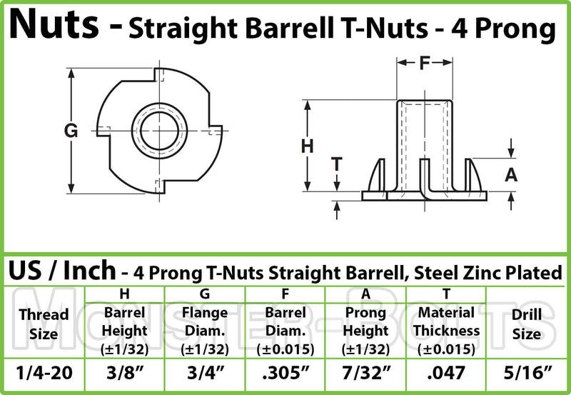 1/4-20 x 3/8" 4-Prong T-Nut product spec sheet to show size and dimensions.