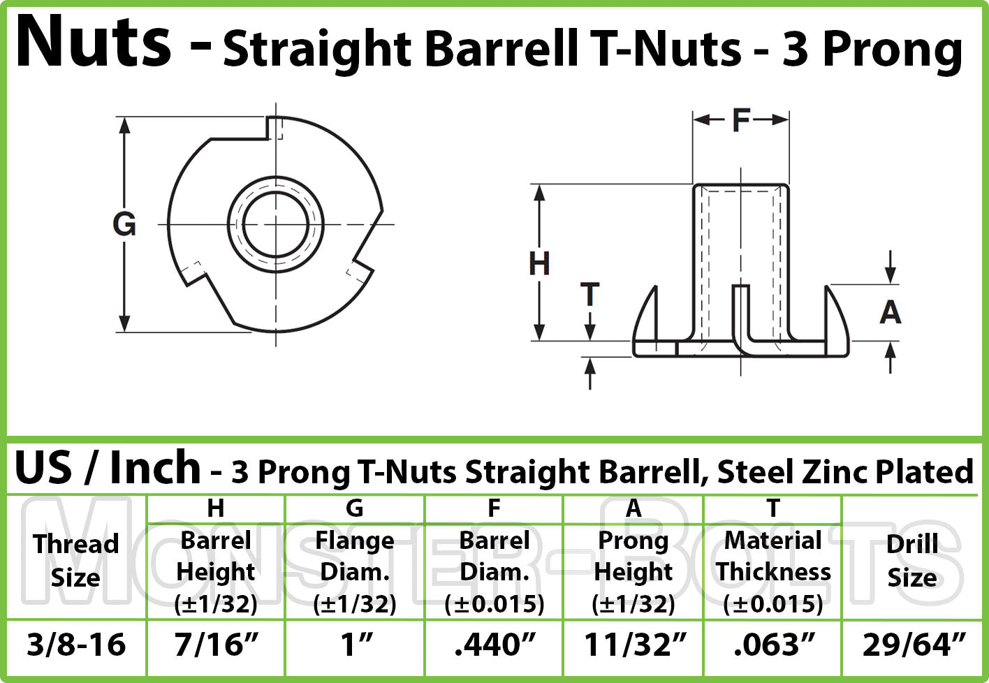 3/8"-16 x 7/16" 3-Prong T-Nut, Straight Barrel Zinc Plated Tee Nut