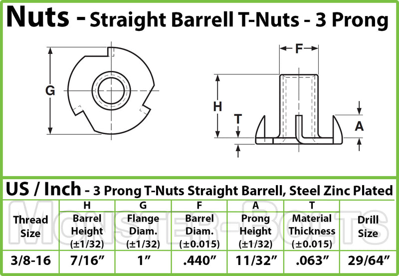 3/8"-16 x 7/16" 3-Prong T-Nut, Straight Barrel Zinc Plated Tee Nut