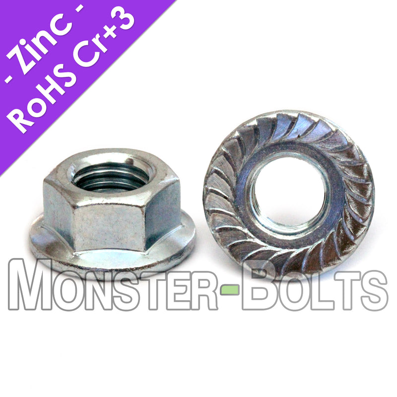 Zinc plated Serrated flange nuts. Flange acts works like a built in washer to distribute force with serrations locking them in place.