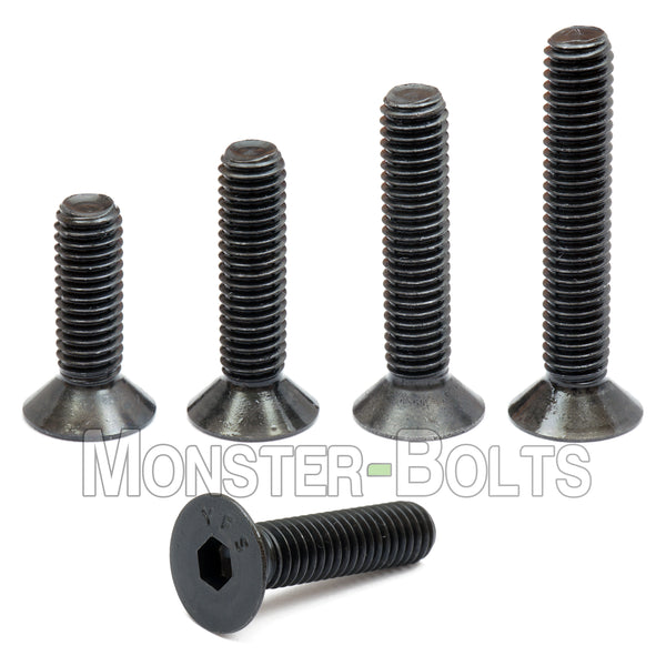Black #10-32 Socket Flat Head screws, group of 4 in increasing lengths on white background.